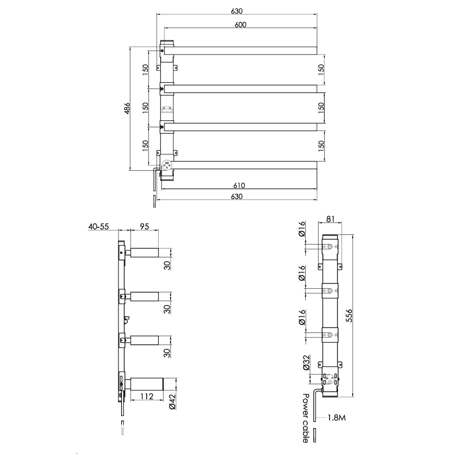 Just Taps Zyon Flat Bar Heated Dry Electric Towel Rail