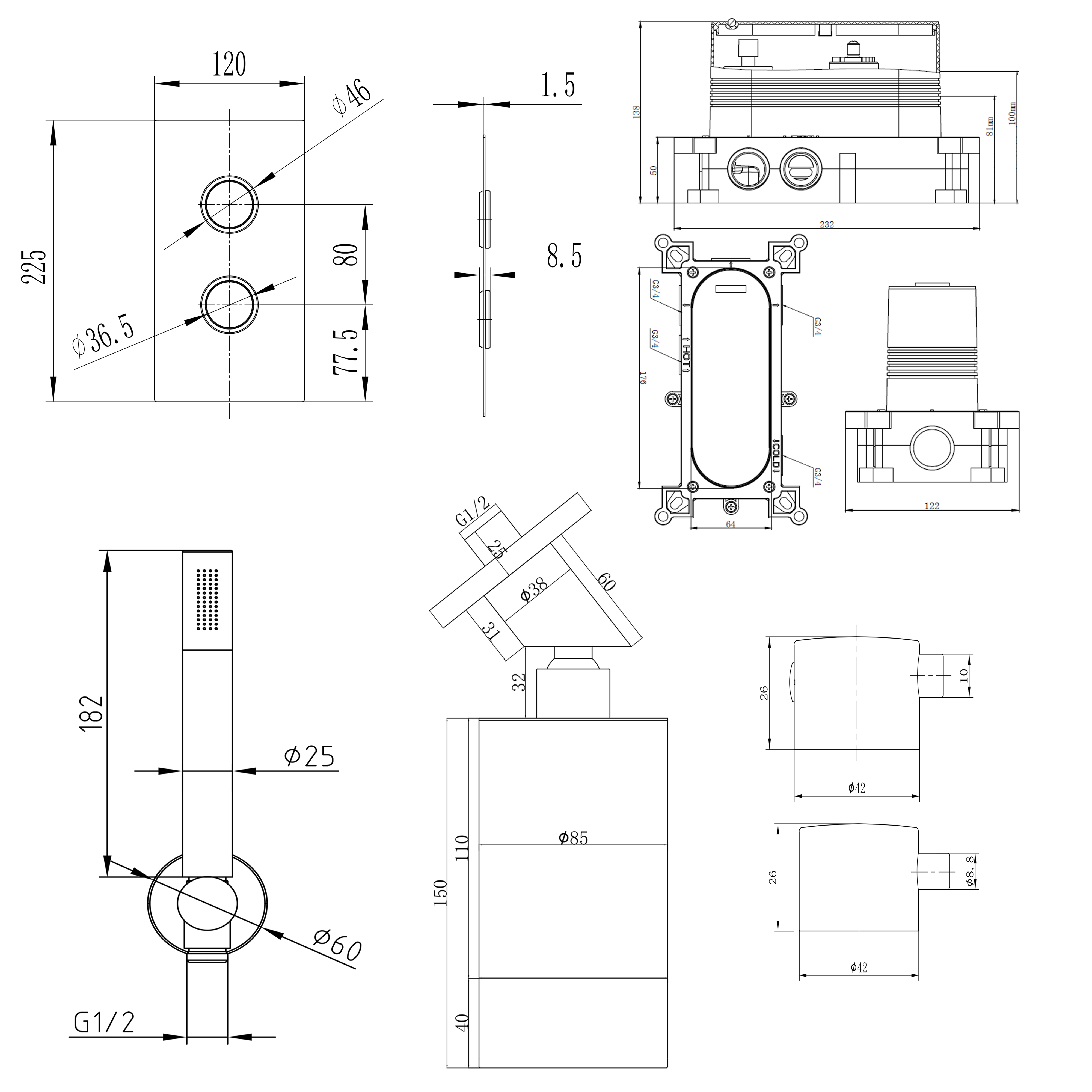 Core Shower Package with 2 Outlet Concealed Valve with Wall Mounted Fluted Spotlight Shower Head & Shower Wall Kit