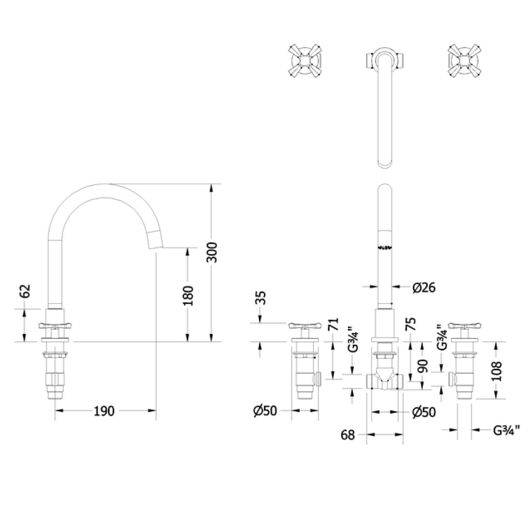 Burlington Riviera 3 Hole Bath Mixer Tap