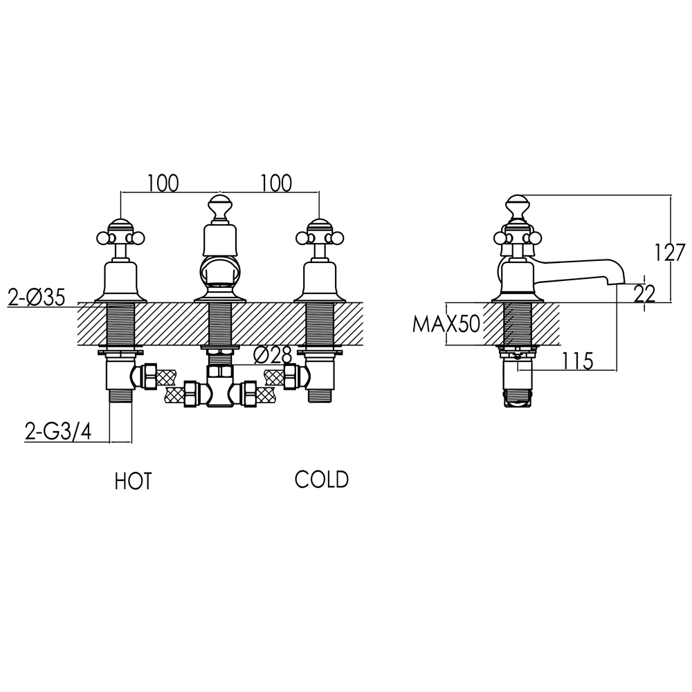 Butler & Rose Caledonia Cross 3 Hole Deck Mounted Bath Filler Tap