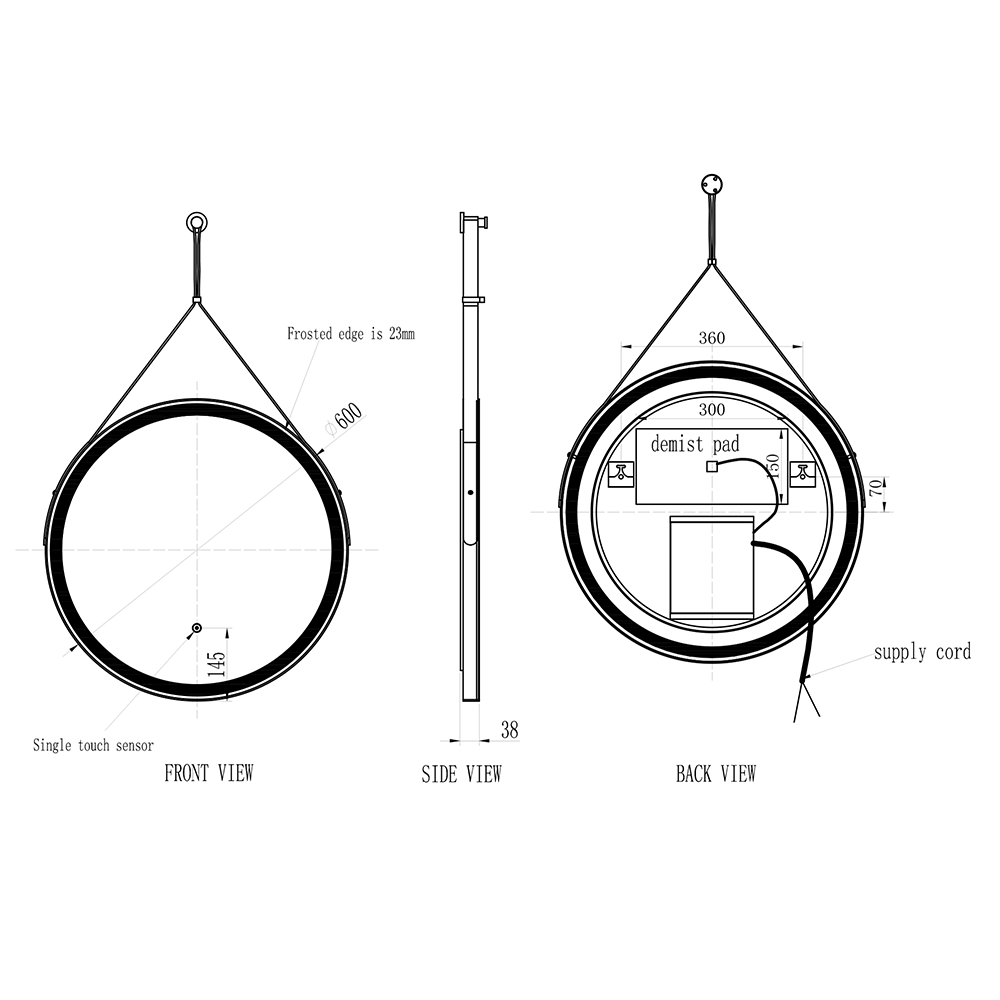 Harbour Status LED Illuminated Black Frame Round Mirror with Demister Pad, Colour Change LEDs & Strap - 600mm