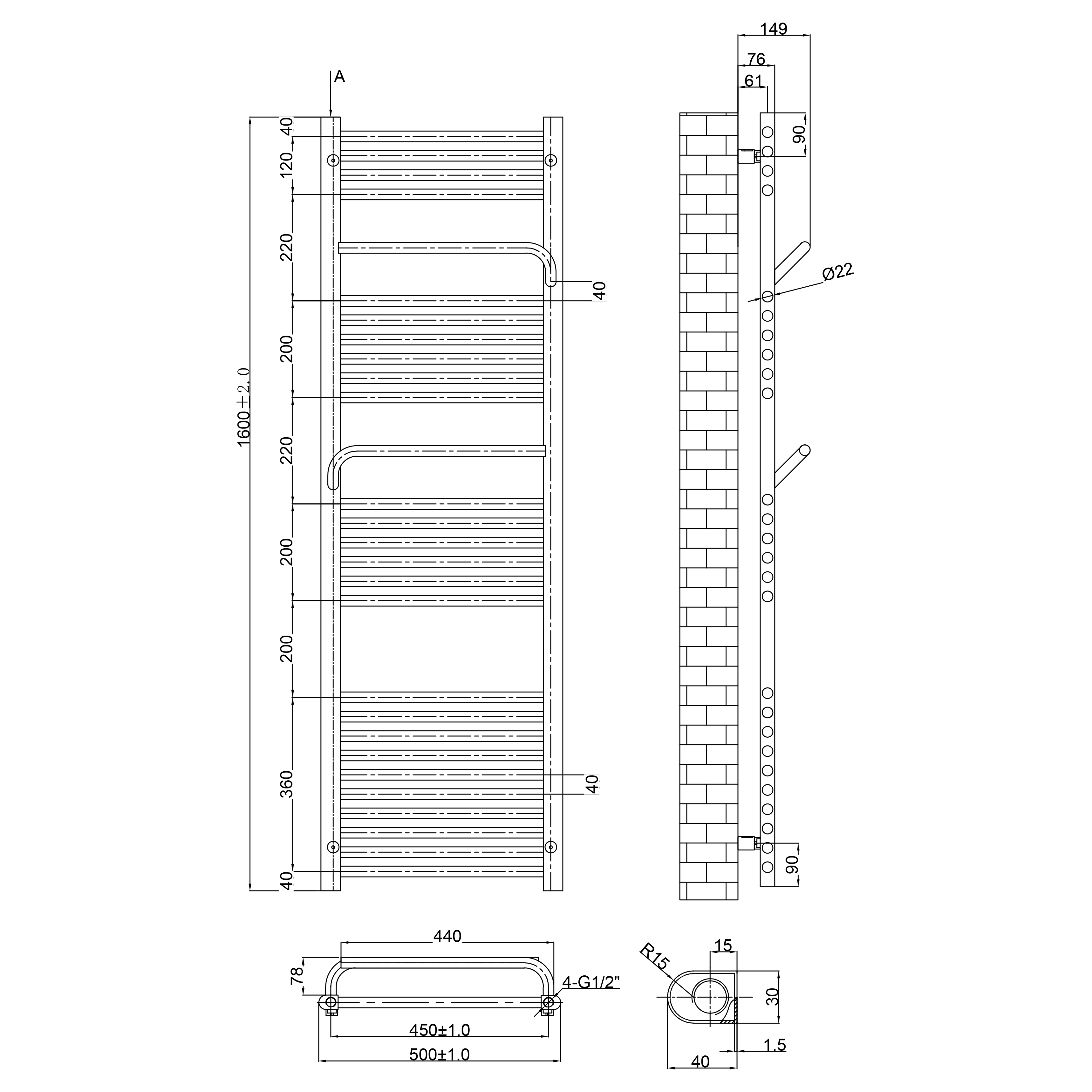 Toasty Wisp Anthracite Heated Towel Rail - 1600 x 500mm