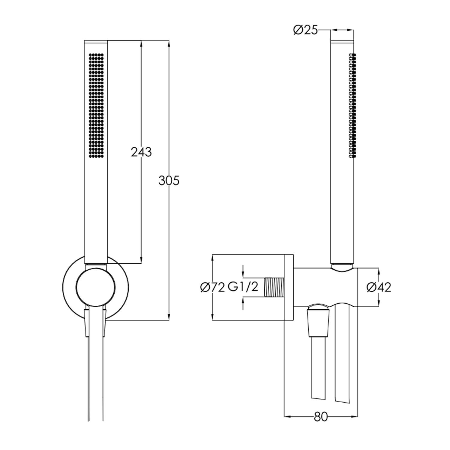 Inox Brushed Stainless Steel Round Water Outlet & Holder with Metal Hose & Slim Hand Shower