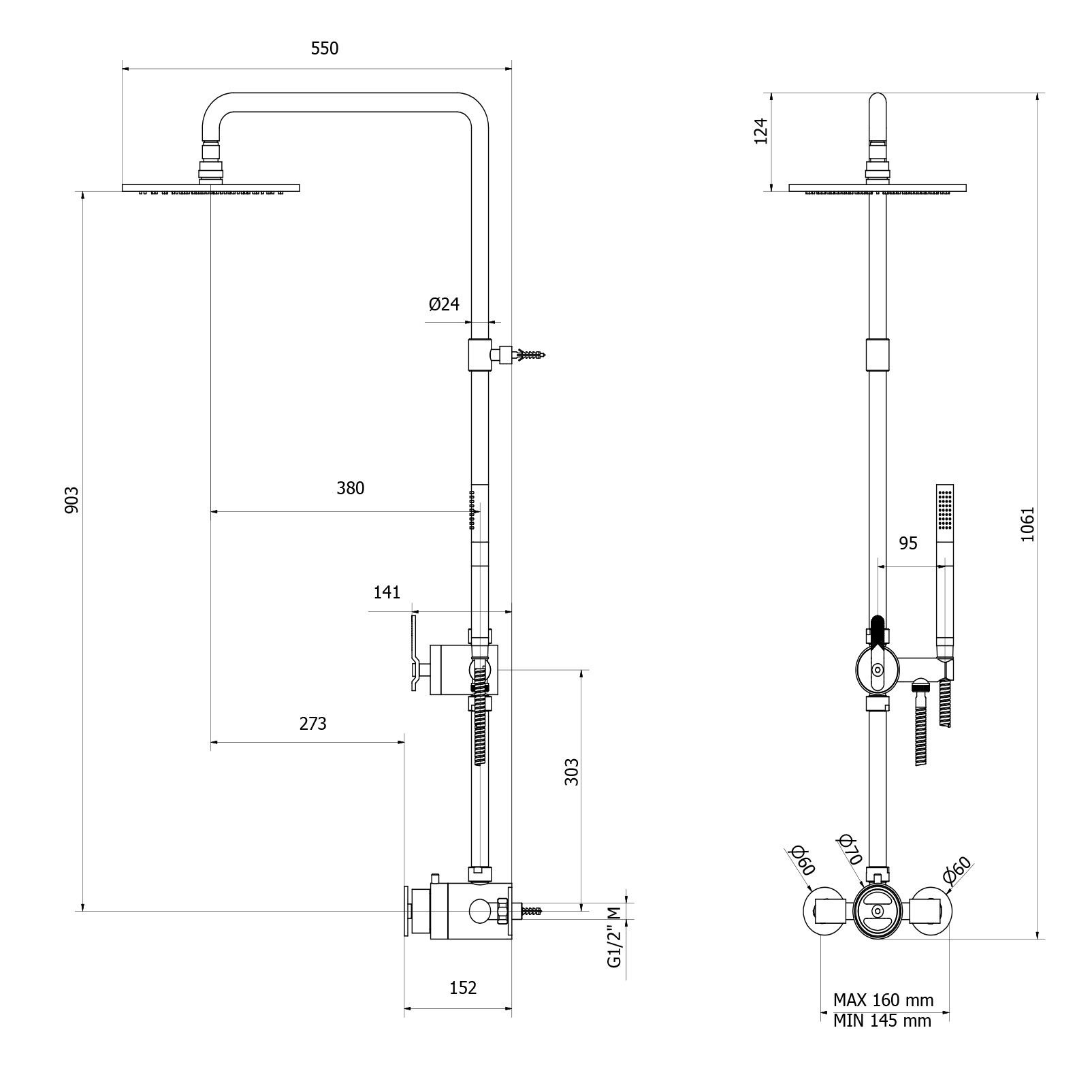 Crosswater Union WRAS Approved Multifunction Thermostatic Shower Kit with Valve, Rigid Riser & Shower Handset - Matt Black