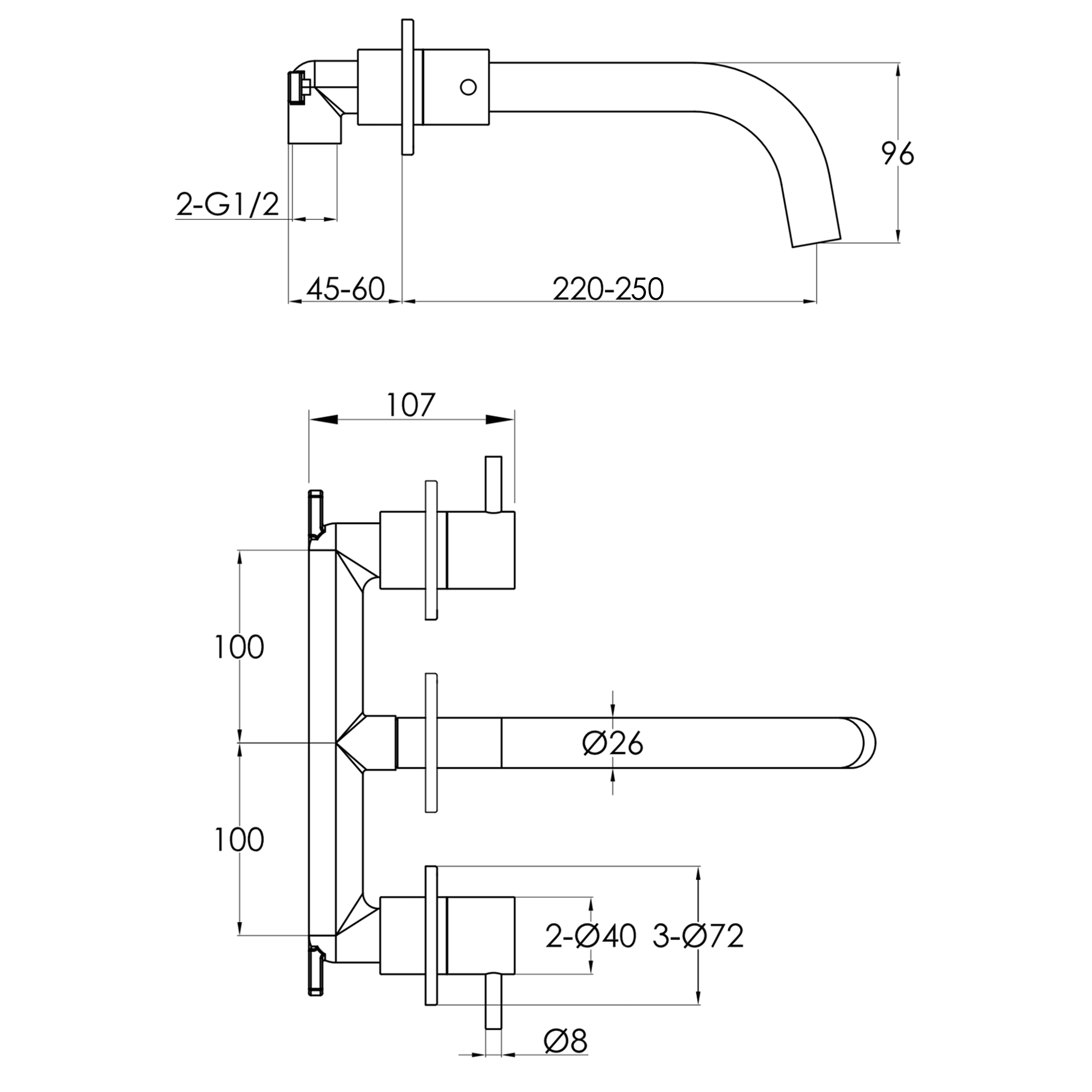 VOS 3 Hole Wall Mounted Basin Mixer - Brushed Bronze