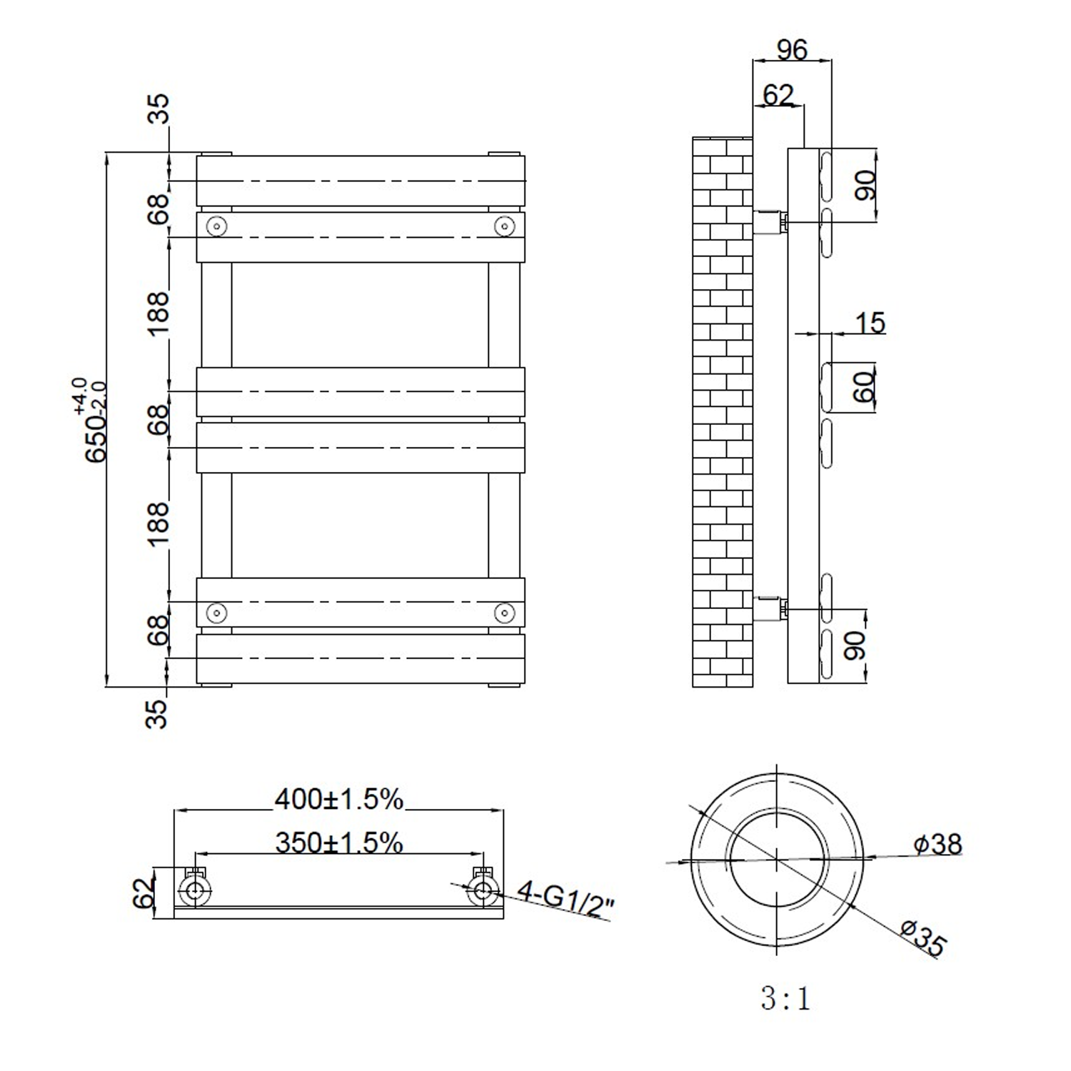 Toasty Hush Matt Black Flat Panel Heated Towel Rail