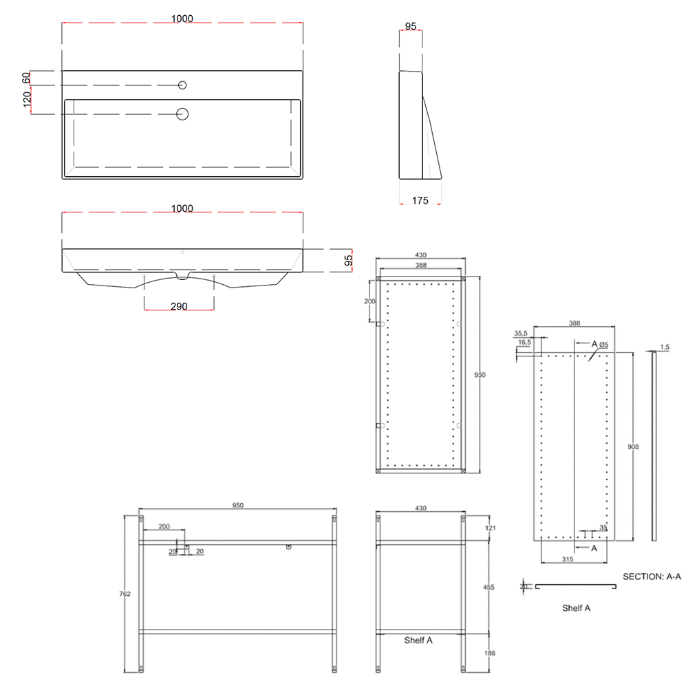 Britton Bathrooms Shoreditch Matt Black Frame Furniture Stand & Basin - 1000mm