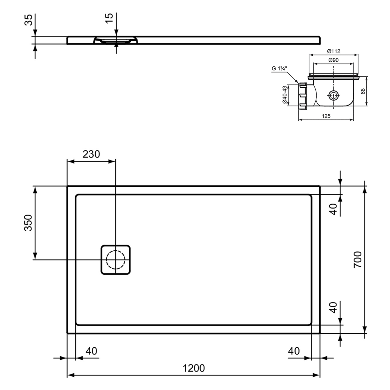 Ideal Standard Ultra Flat Evo Rectangular Anti-Slip Acrylic Shower Tray with End Waste - 5 Sizes