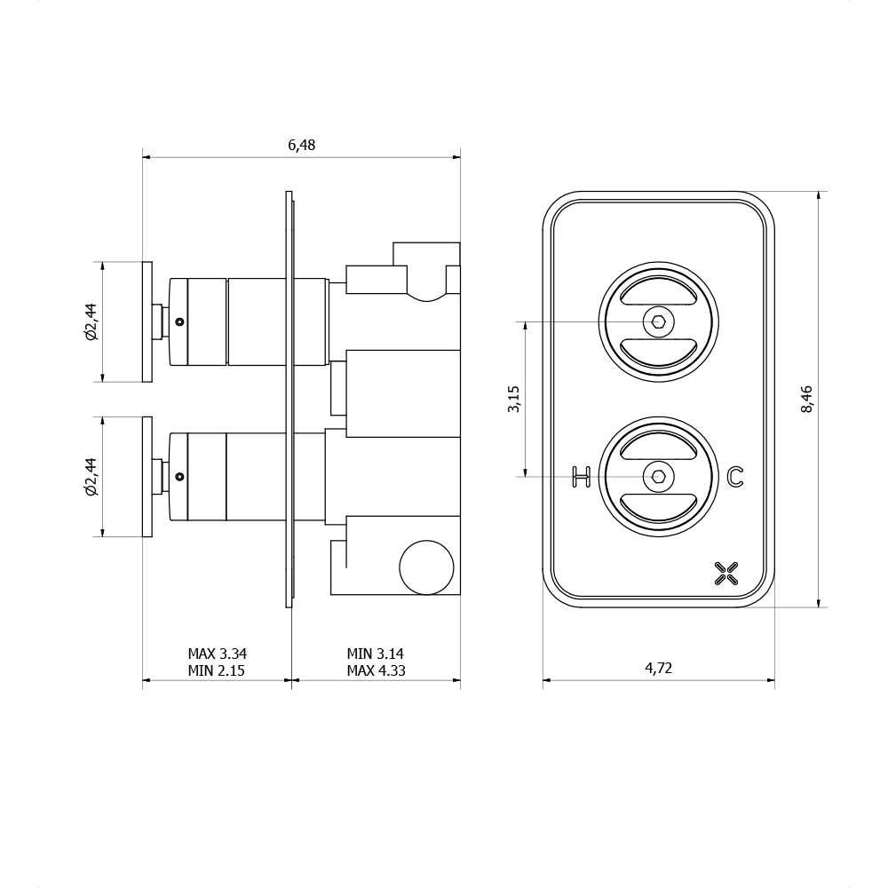 Crosswater Union 2 Outlet Concealed Thermostatic Shower Valve with Wheels - Brushed Nickel