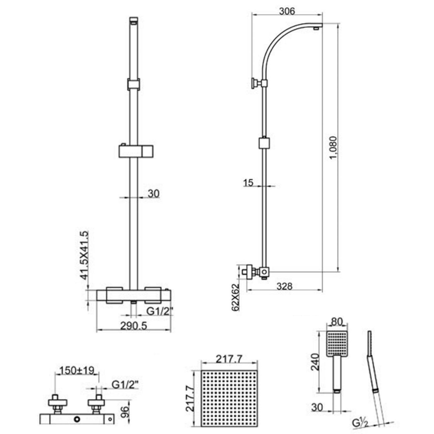 Just Taps Athena Exposed Rigid Riser Thermostatic Shower Set