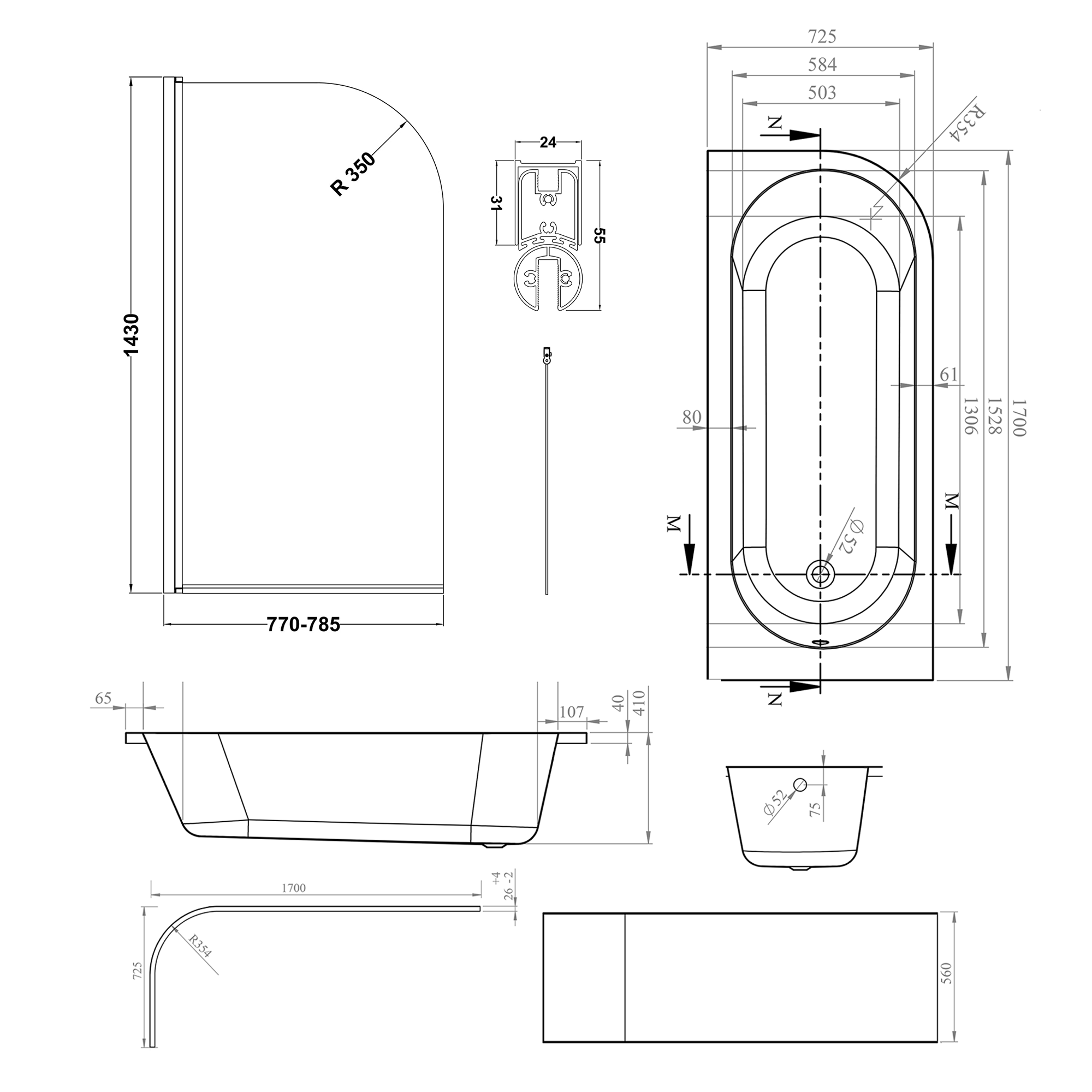 Armourcast Reinforced J Shaped Shower Bath with Panel & Brushed Brass Shower Screen - 1700mm