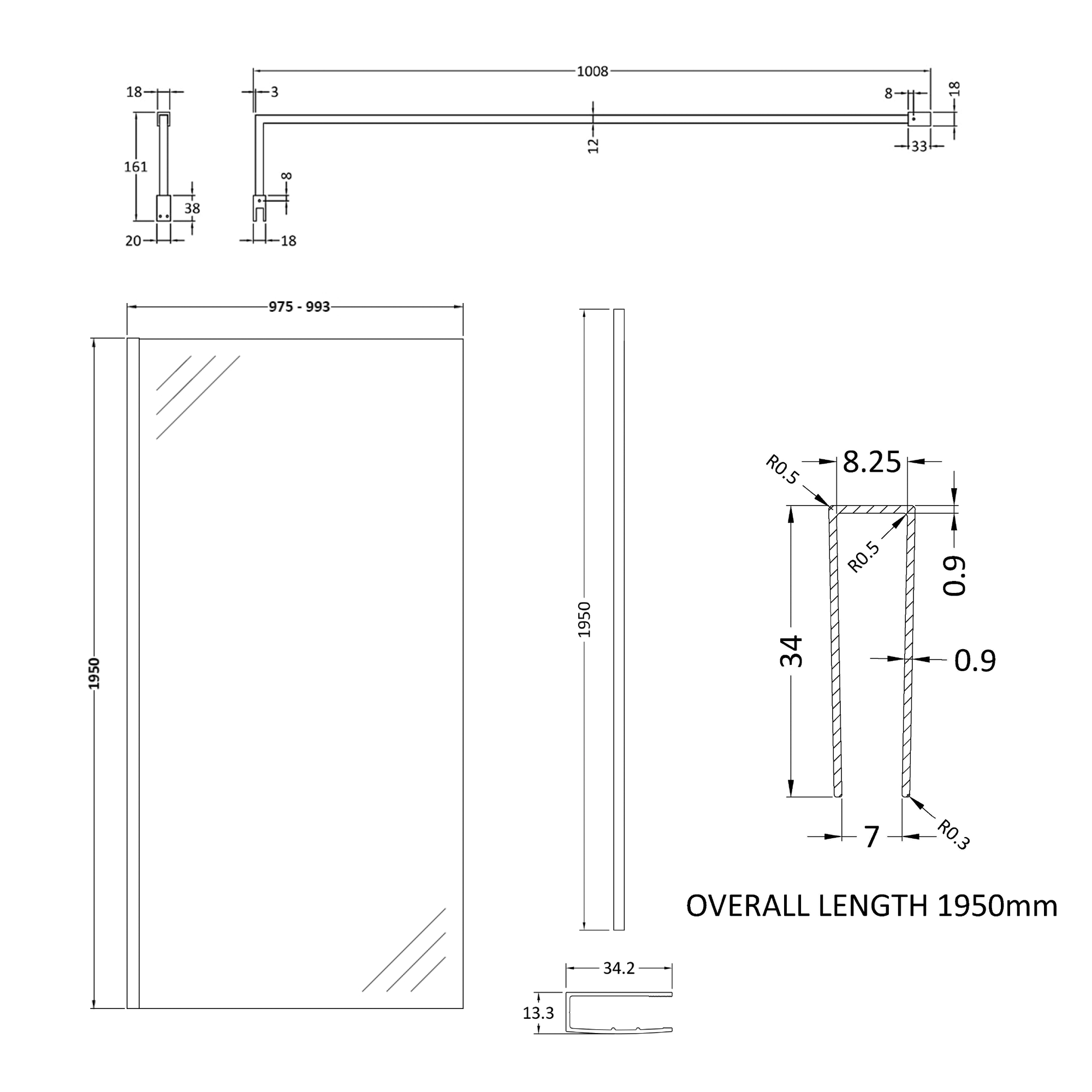 Harbour Frame Brushed Brass Walk in Glass Shower Screen with Support Bar