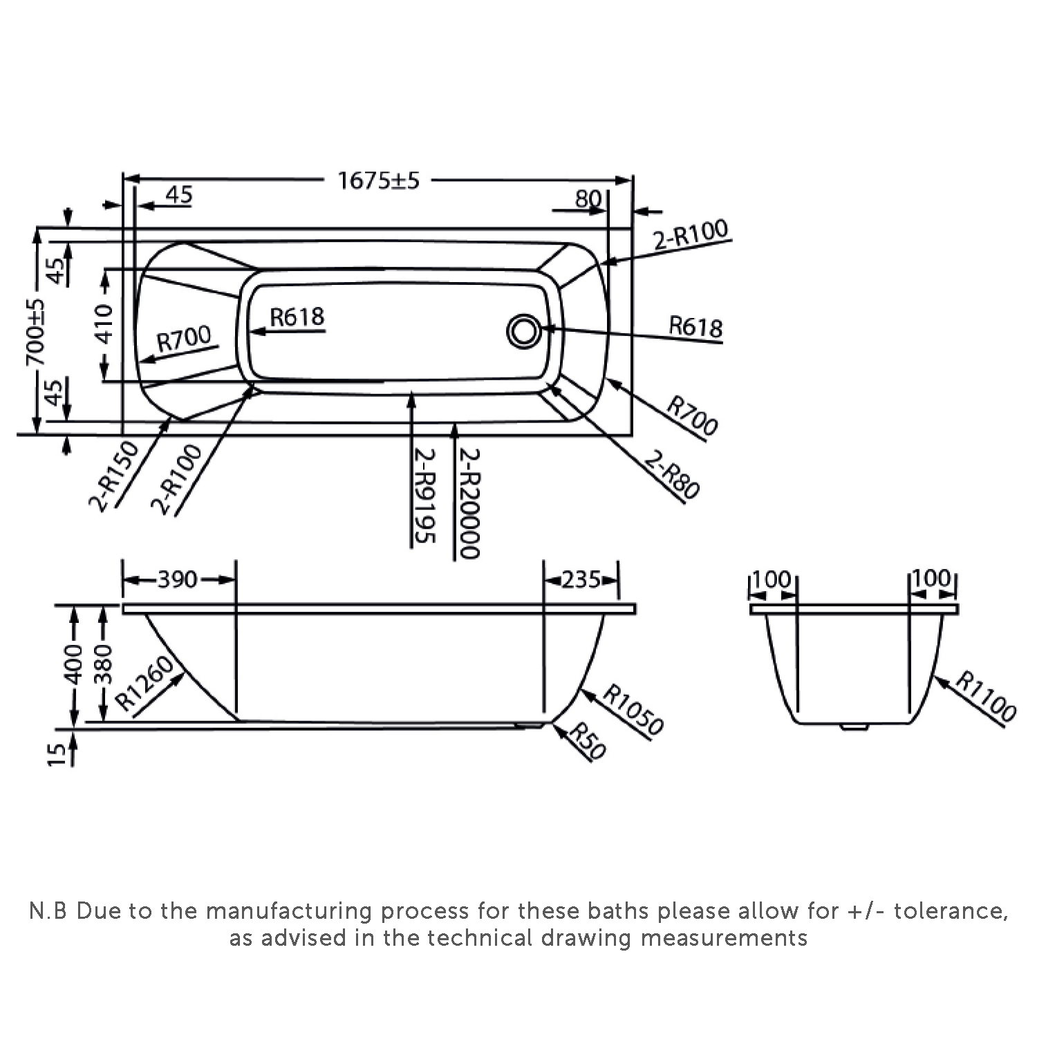 Imex Premiercast Multi layer Reinforced Ivan Single Ended Bath (Inc Leg Pack) - 1675 x 700mm