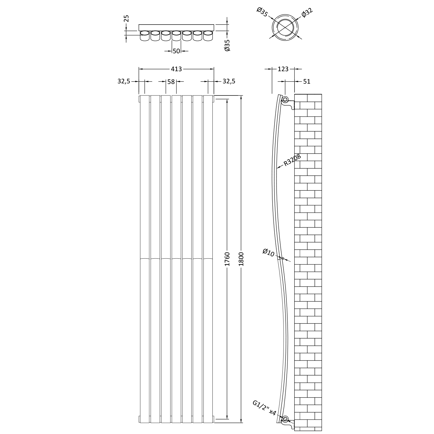 Toasty Plume Anthracite Vertical Wave Radiator - 1800 x 413mm