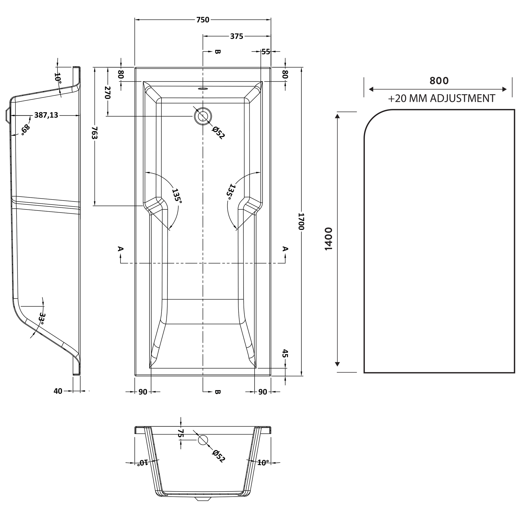 Drench Keyhole Shower Bath with Shower Screen - 1700mm