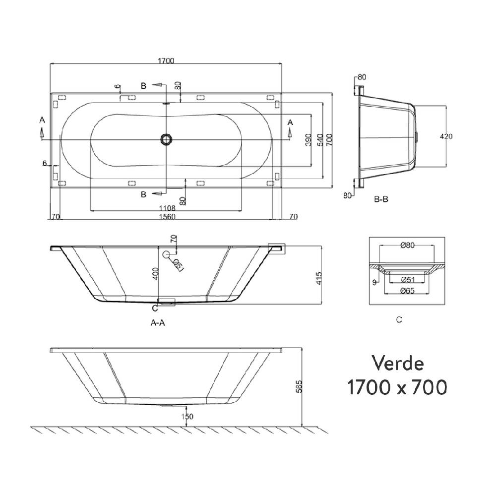 Britton Bathrooms Verde Reinforced Double Ended Bath - 1600, 1700 & 1800mm