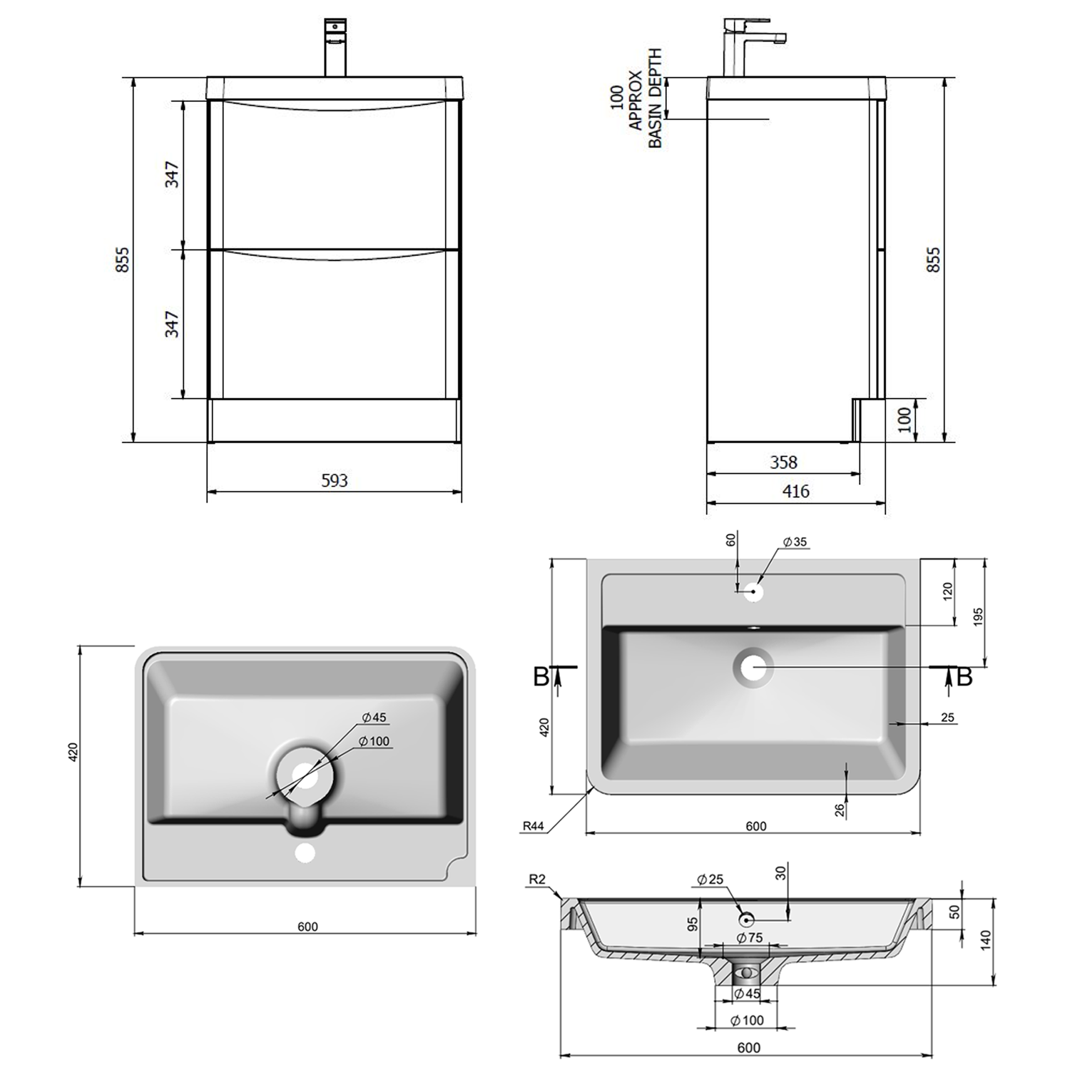 Harbour Clarity 600mm Floorstanding Matt Grey Vanity Unit & Basin