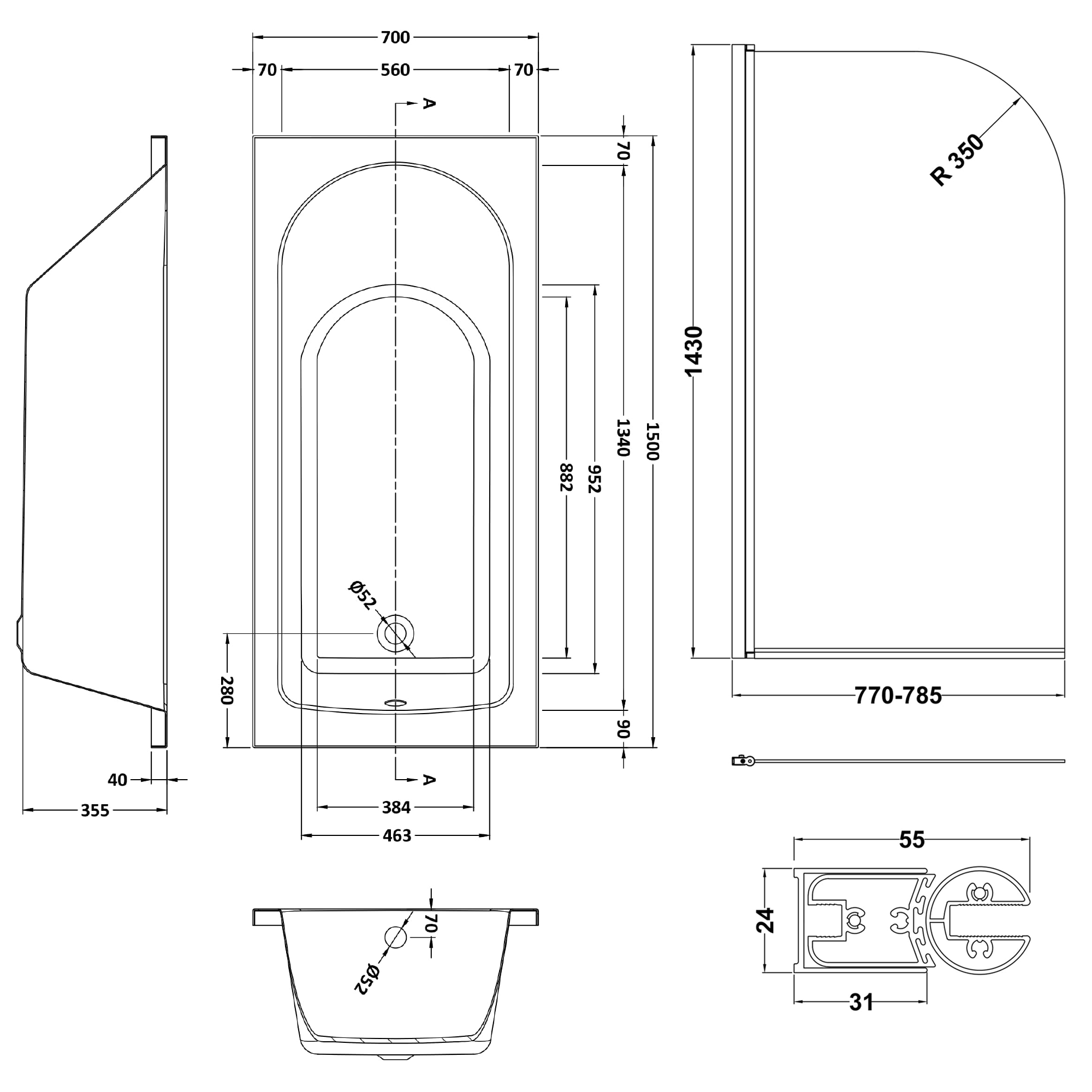 Drench Straight Single Ended Curved Bath & Shower Screen