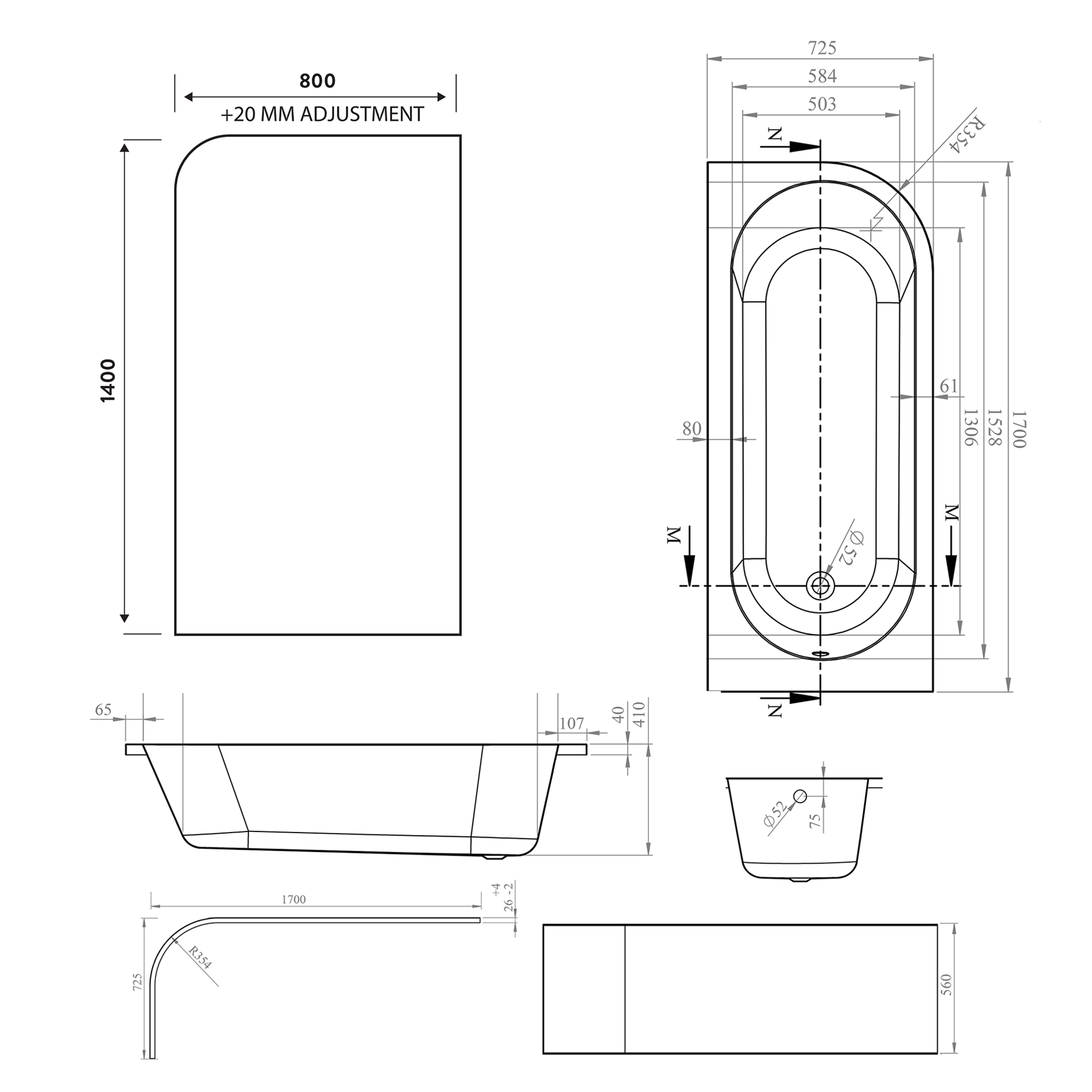 Armourcast Reinforced J Shaped Shower Bath with Panel & Shower Screen - 1700mm