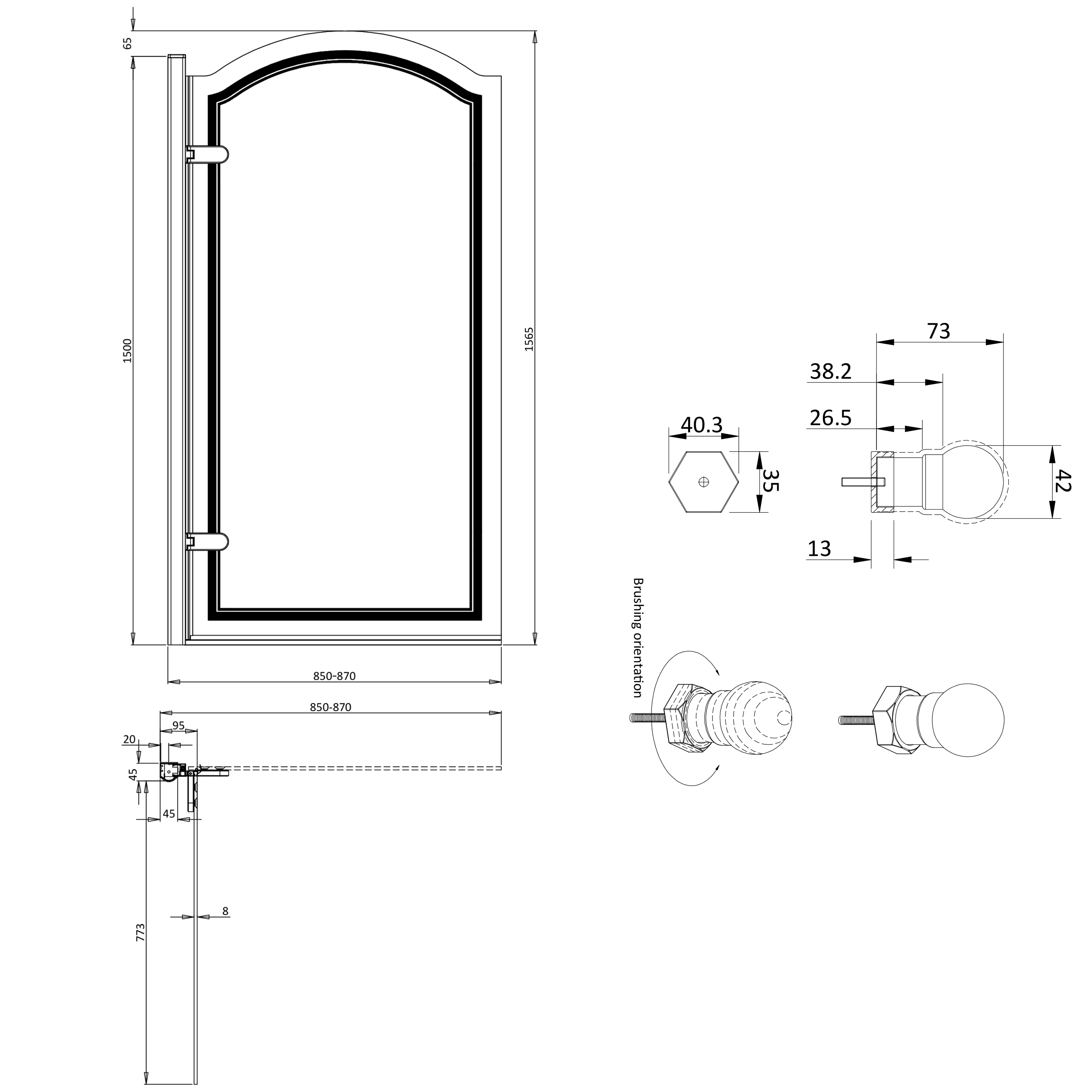 Burlington Classique 1850 8mm Curved Hinged Bath Screen Style Profile Finial - 1565 x 850mm
