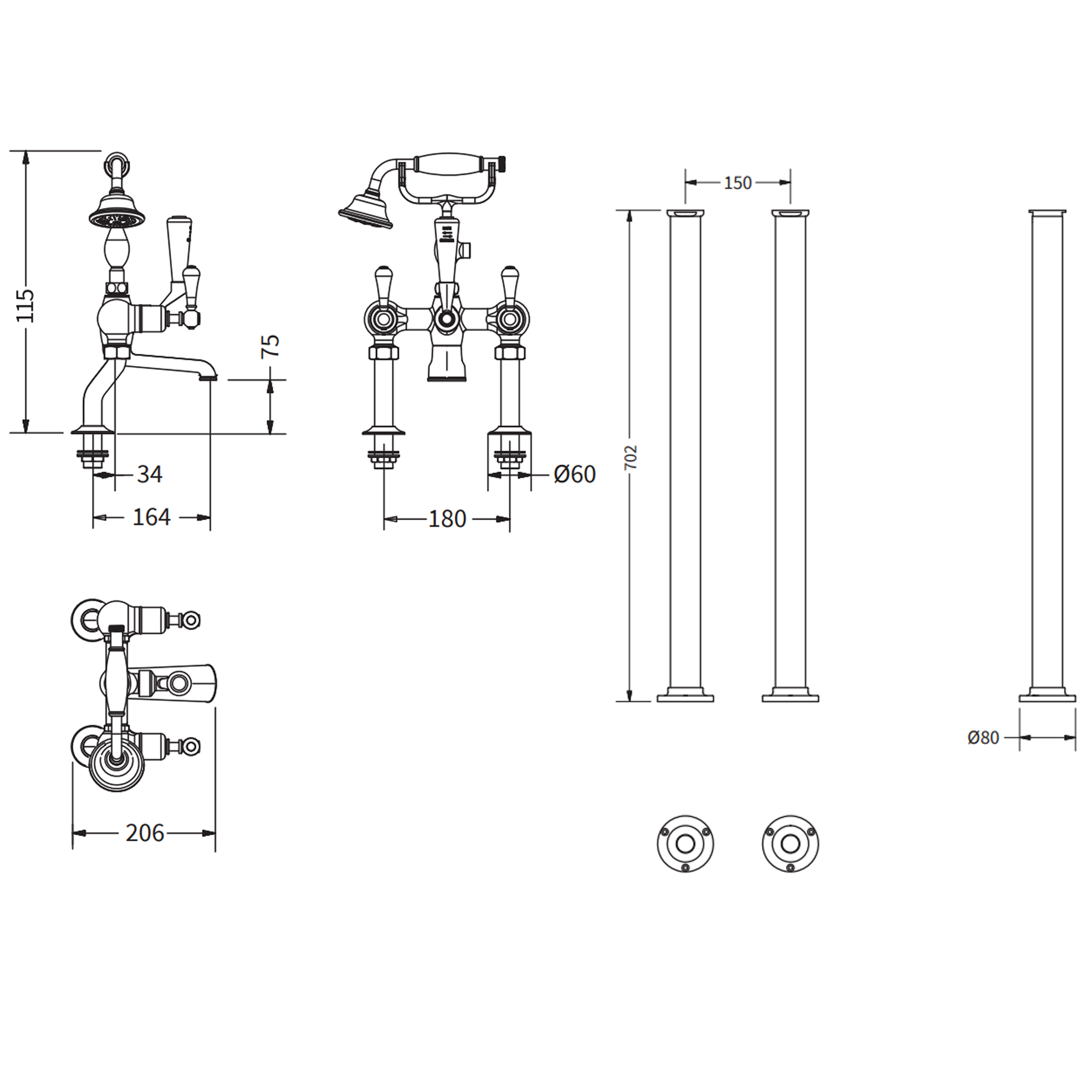 Crosswater Belgravia Lever Floor Standing Bath Shower Mixer with Shower Kit