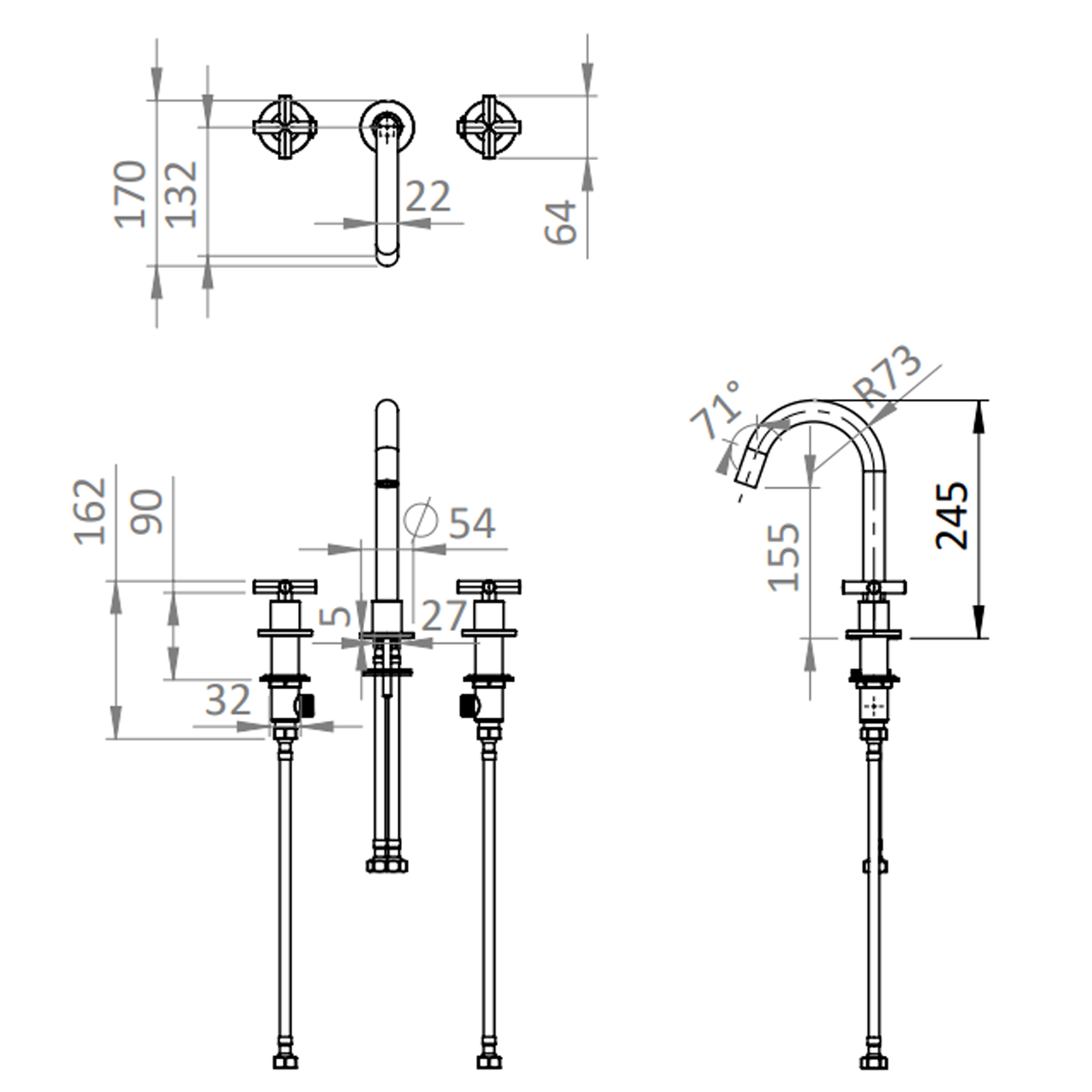 Crosswater MPRO 3 Hole Basin Mixer Tap with Crosshead Handles
