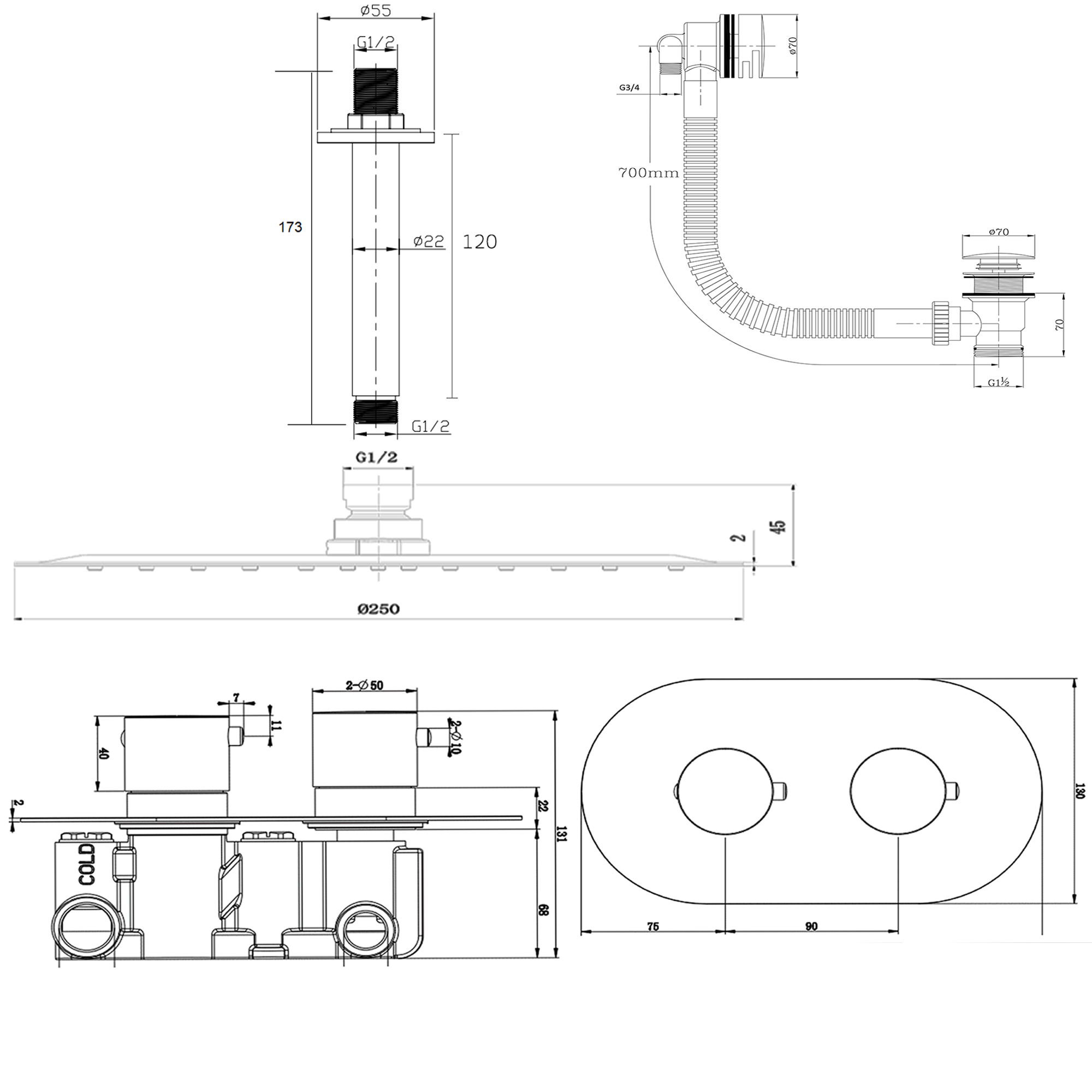 Harbour Clarity Matt Black Concealed Shower Valve, Fixed Ceiling Mounted Head and Overflow Bath Filler