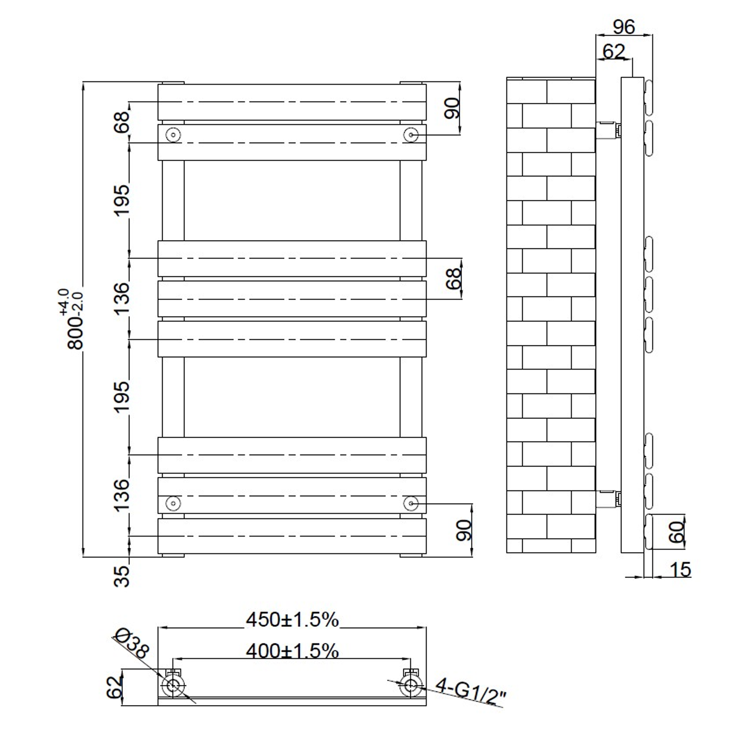 Brenton Avezzano Chrome Flat Panel Heated Towel Rail - 800 x 450mm