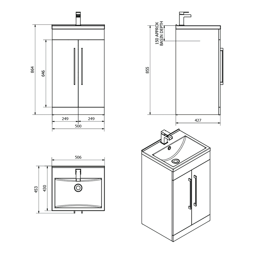 Vellamo Aspire 500mm Floorstanding 2 Door Vanity Unit & Basin - Gloss Grey