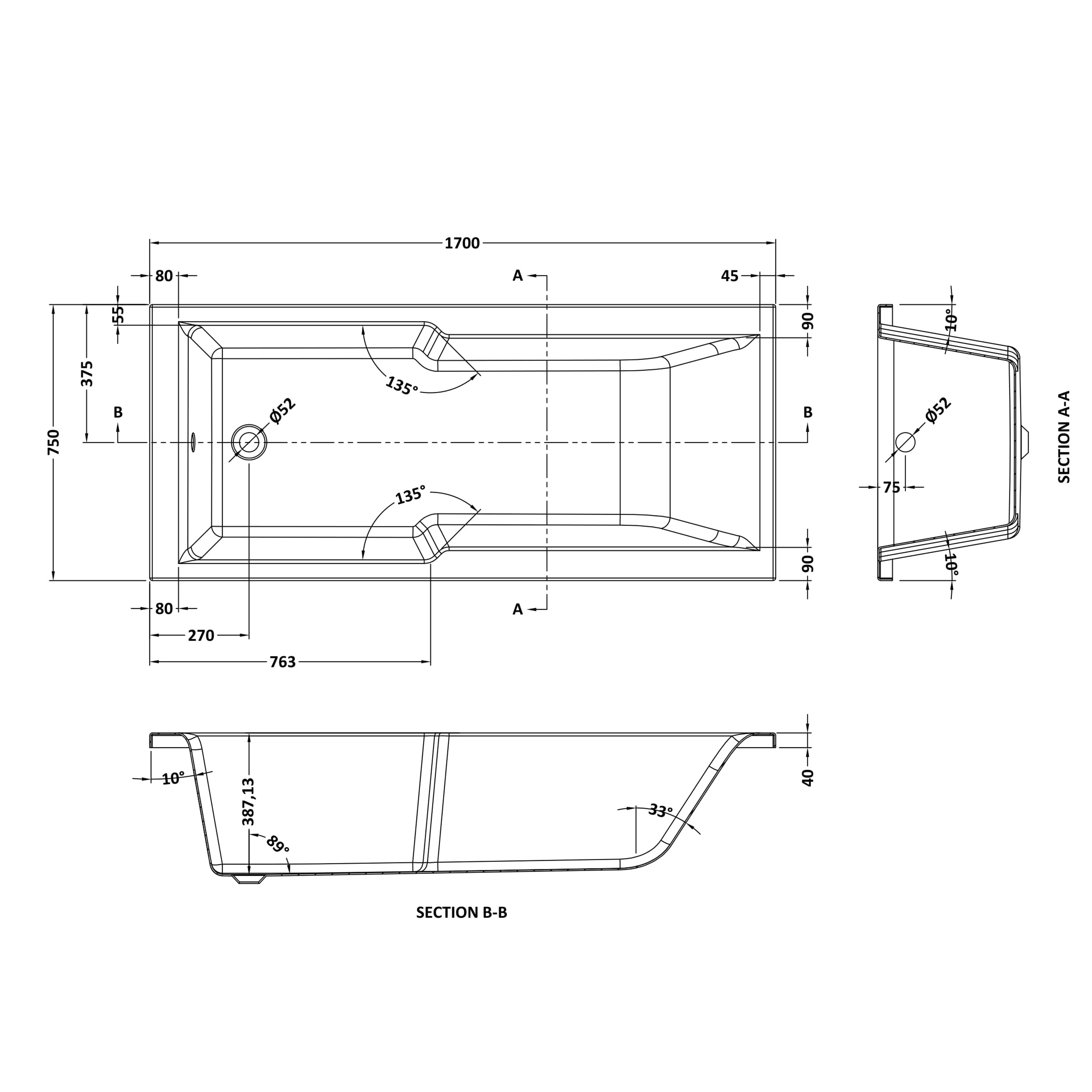 Drench Keyhole Shower Bath - 1700 x 750mm