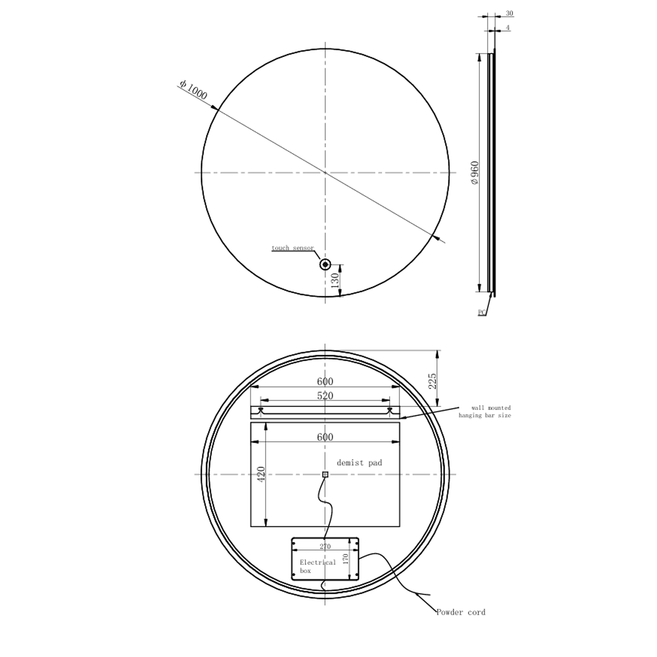 Harbour Vision LED Illuminated Round Bathroom Mirror with Demister Pad & Colour Change Lights - 1000mm