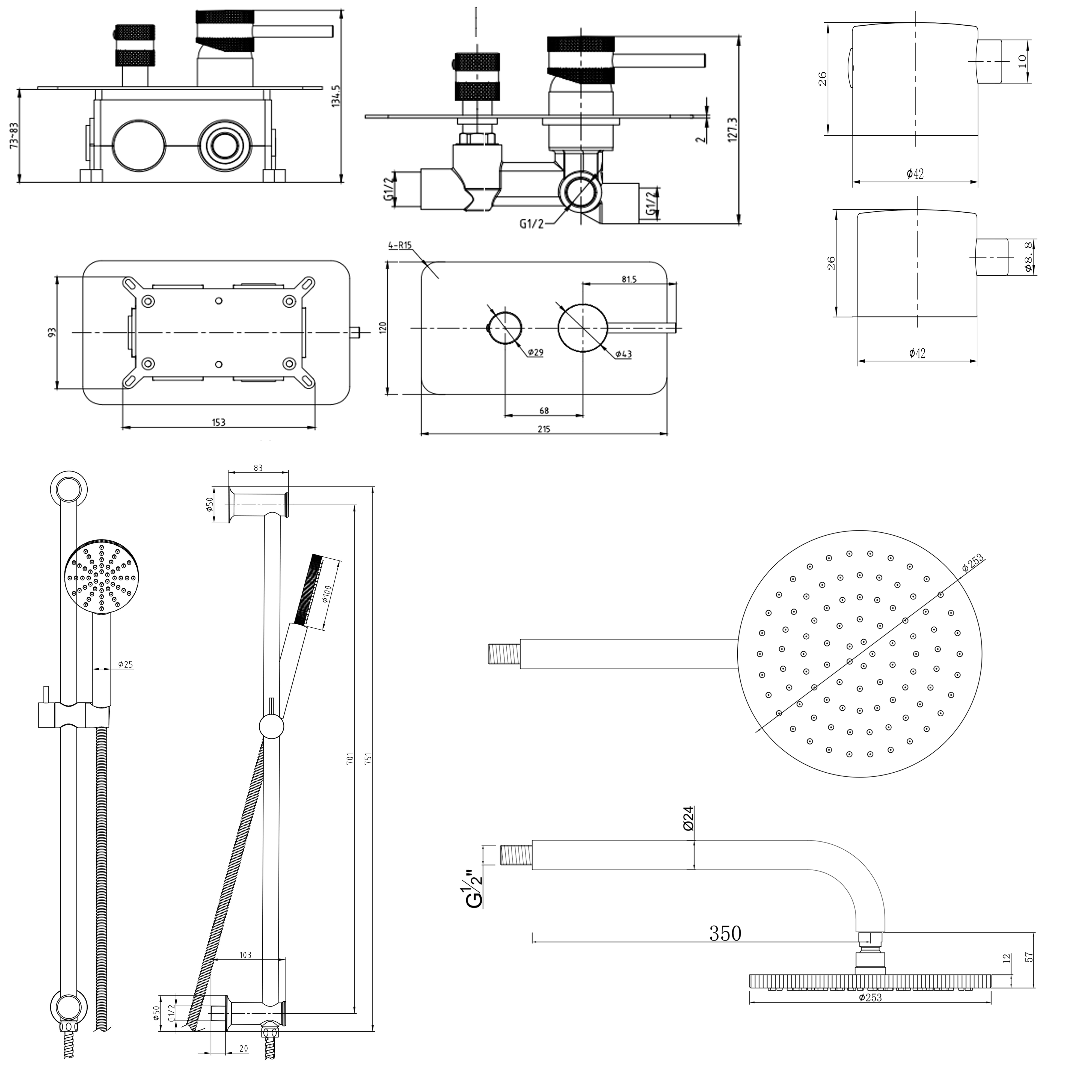 Core Shower Package with 2 Outlet Manual Valve, Fixed Wall Mounted Shower Head & Fluted Handset Slide Rail Kit