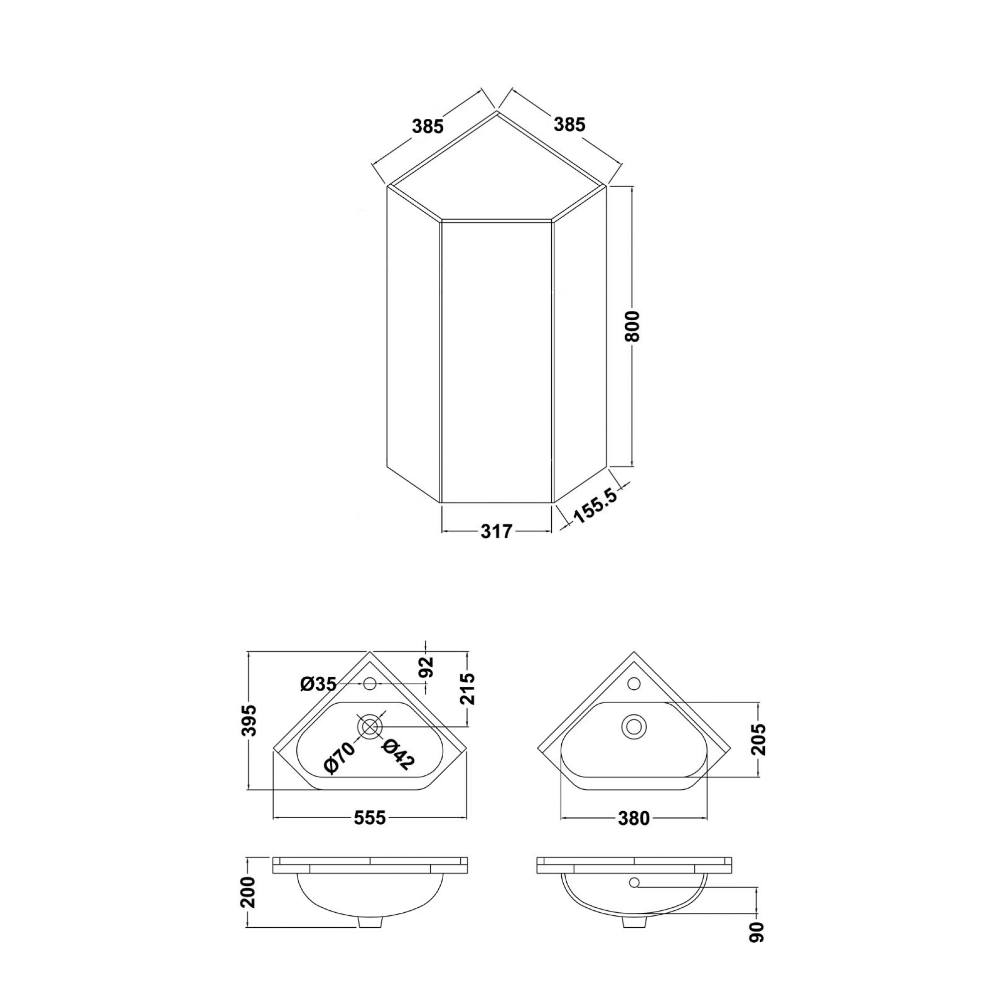 Vellamo Alpine 1 Door Corner Cabinet Vanity Unit & Basin