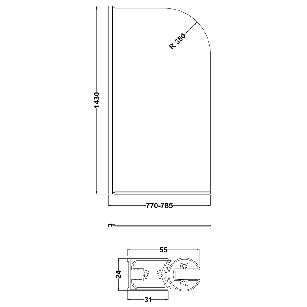 Vellamo City 6mm Matt Black Curved Corner Hinged Bath Screen - 1430 x 770mm