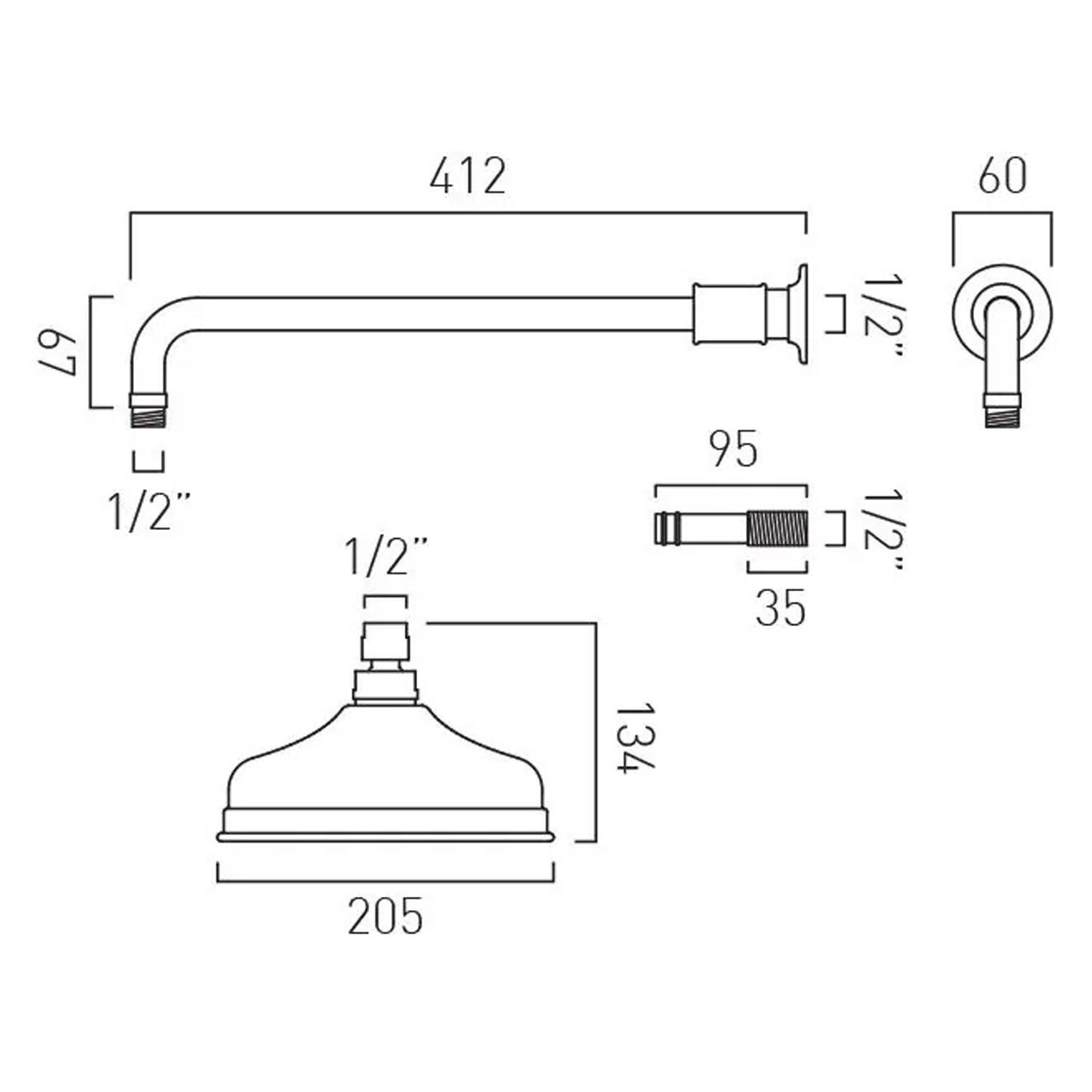 Booth & Co Axbridge Traditional Wall Mounted Round 200mm Shower Head & Arm