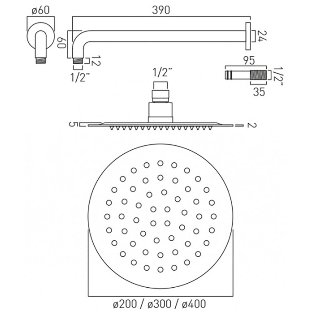 Vado Aquablade Fixed Round Shower Head And Arm