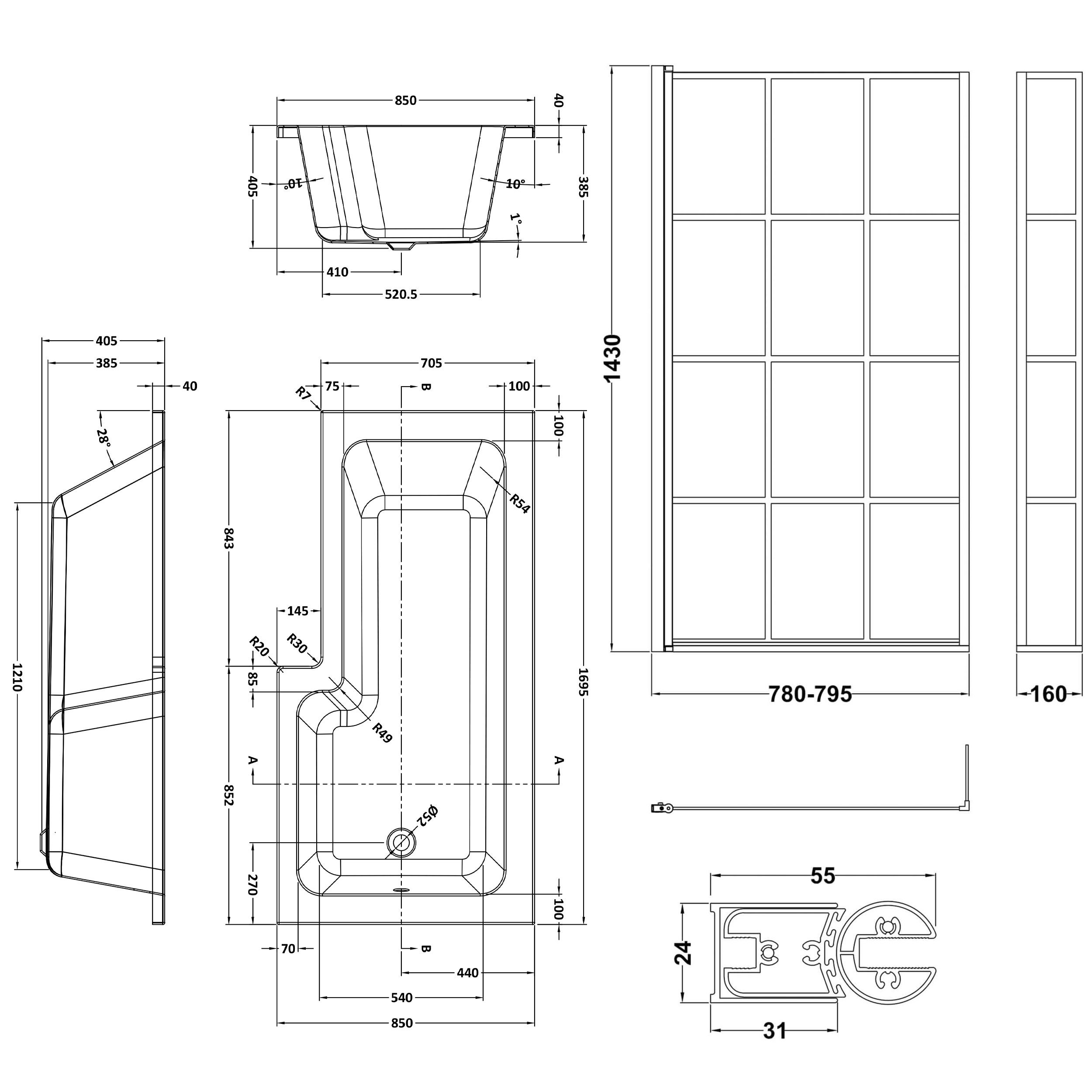 Drench L Shaped Shower Bath with Black Grid Shower Screen & Panel - 1700mm