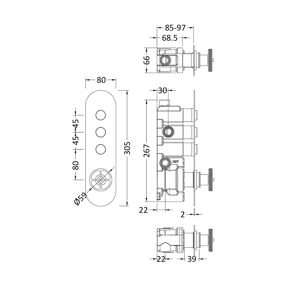 Hudson Reed Revolution Industrial 3 Outlet Push Button Concealed Thermostatic Shower Valve