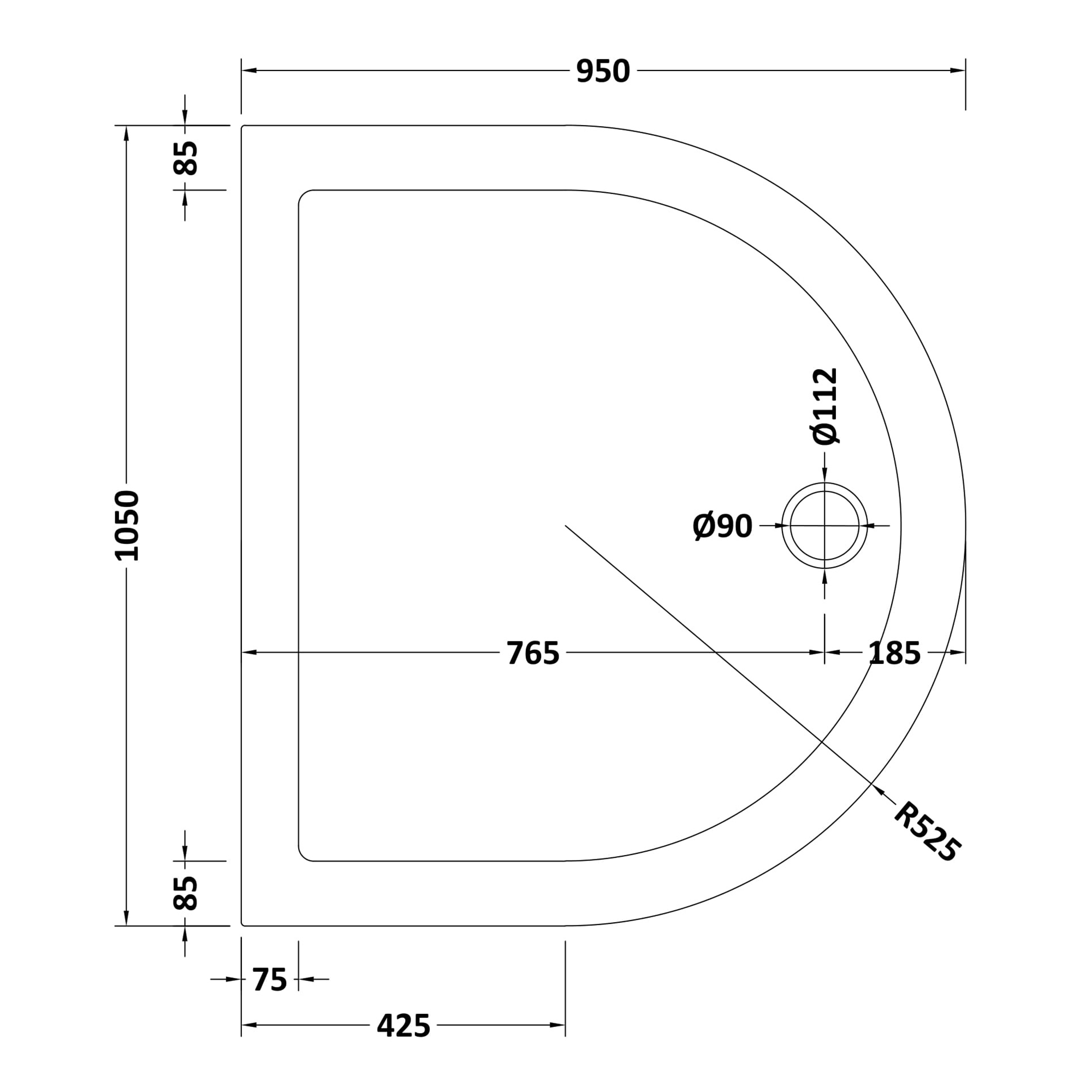 Primrose 1050 x 950mm D Shaped Shower Tray