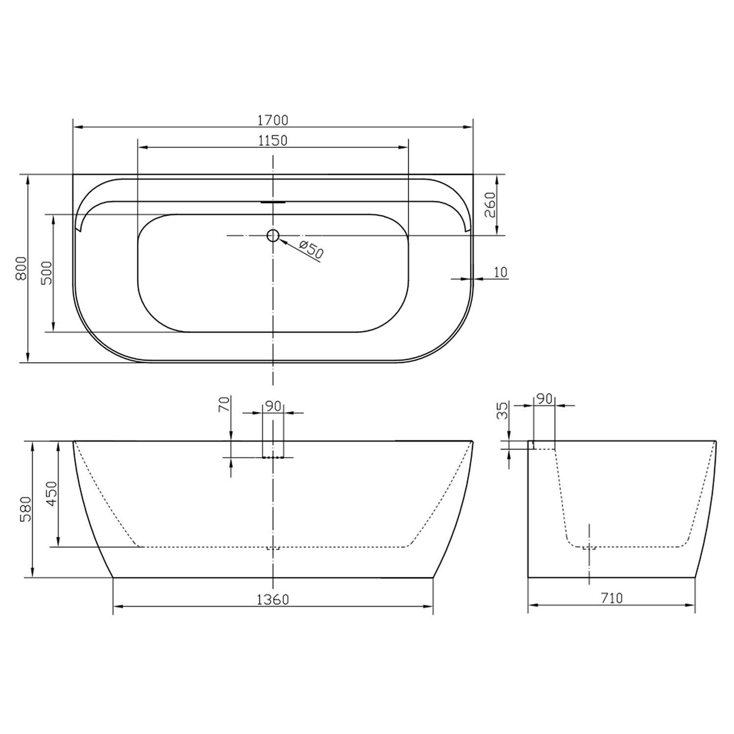 Dune Back To Wall Acrylic Bath - 1700 x 800mm