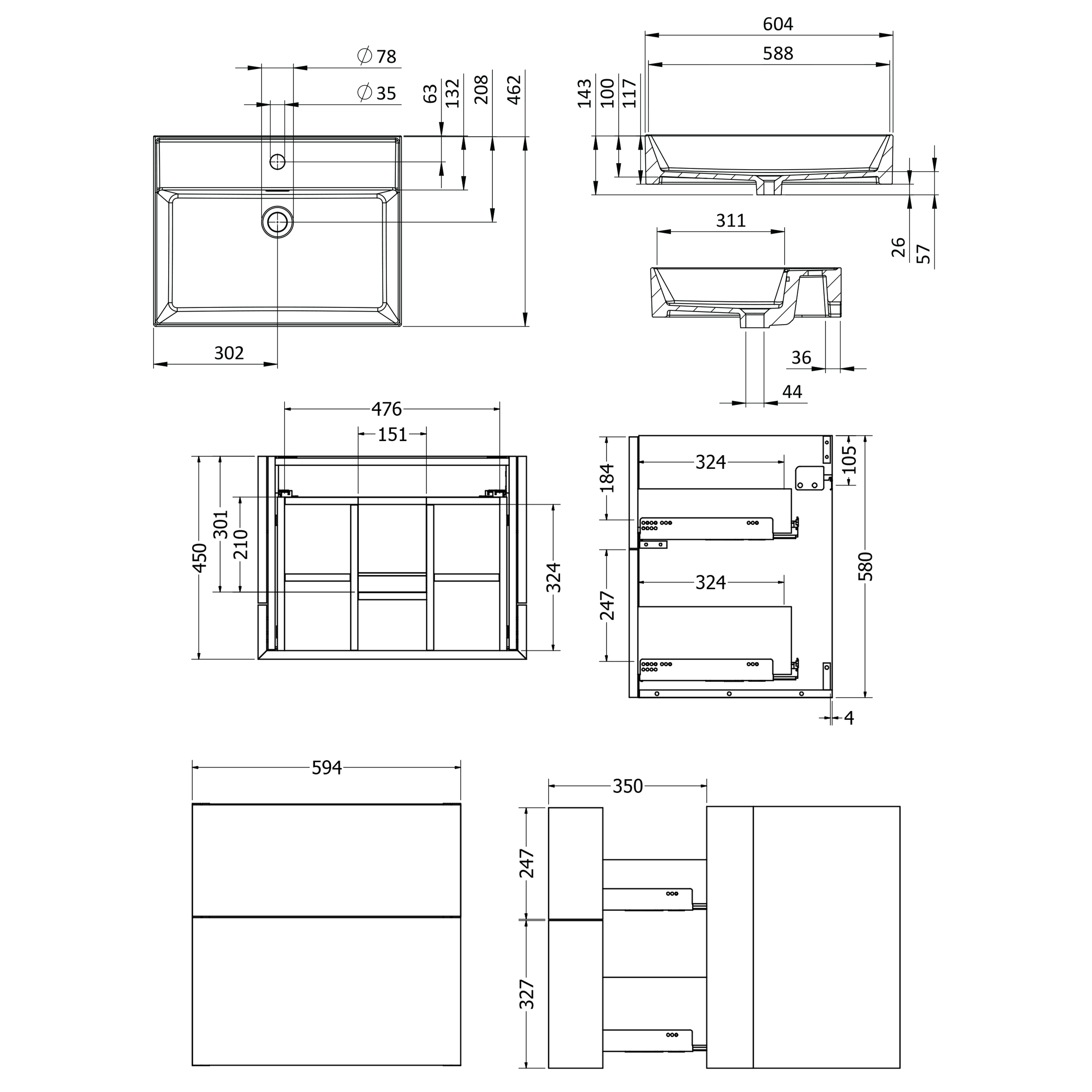 Crosswater Avenue 600mm Wall Mounted Double Drawer Vanity Unit & Fine Fire Clay Basin