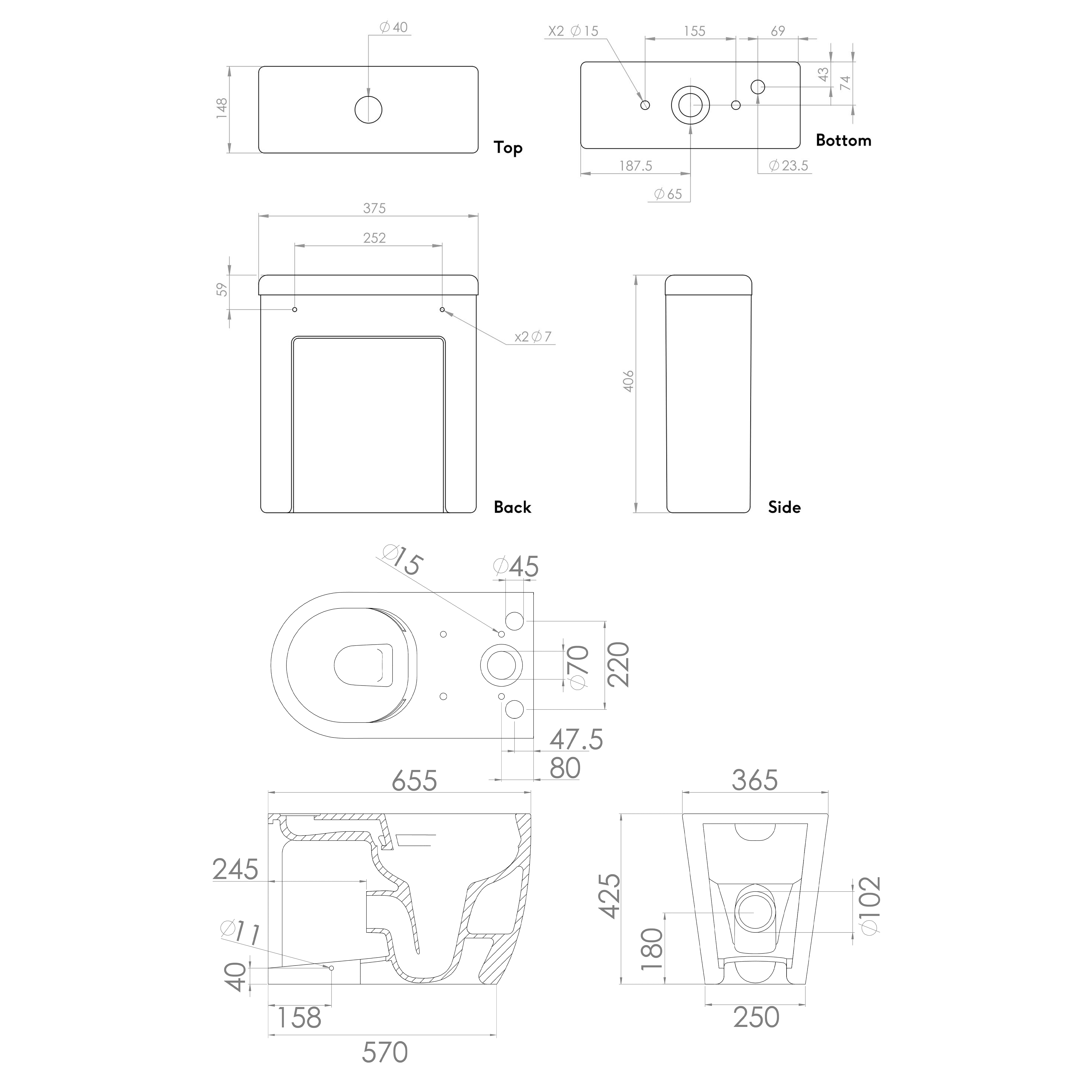 Saneux Uni Close Coupled Rimless Closed Back Toilet & Soft Close Seat