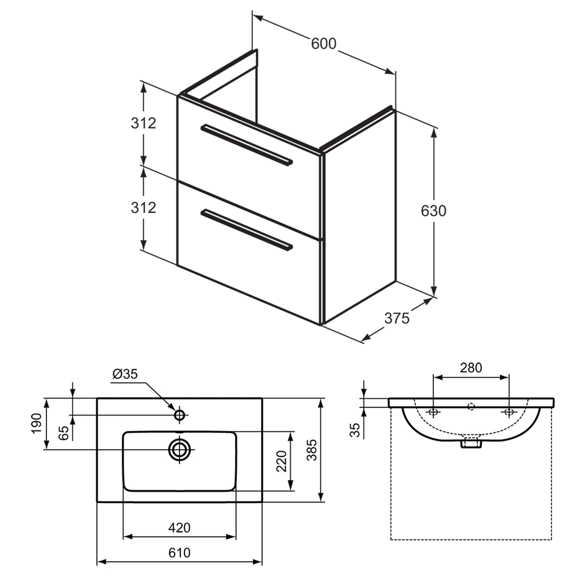 Ideal Standard i.life S 600mm Wall Mounted 2 Drawer Compact Vanity Unit & Basin