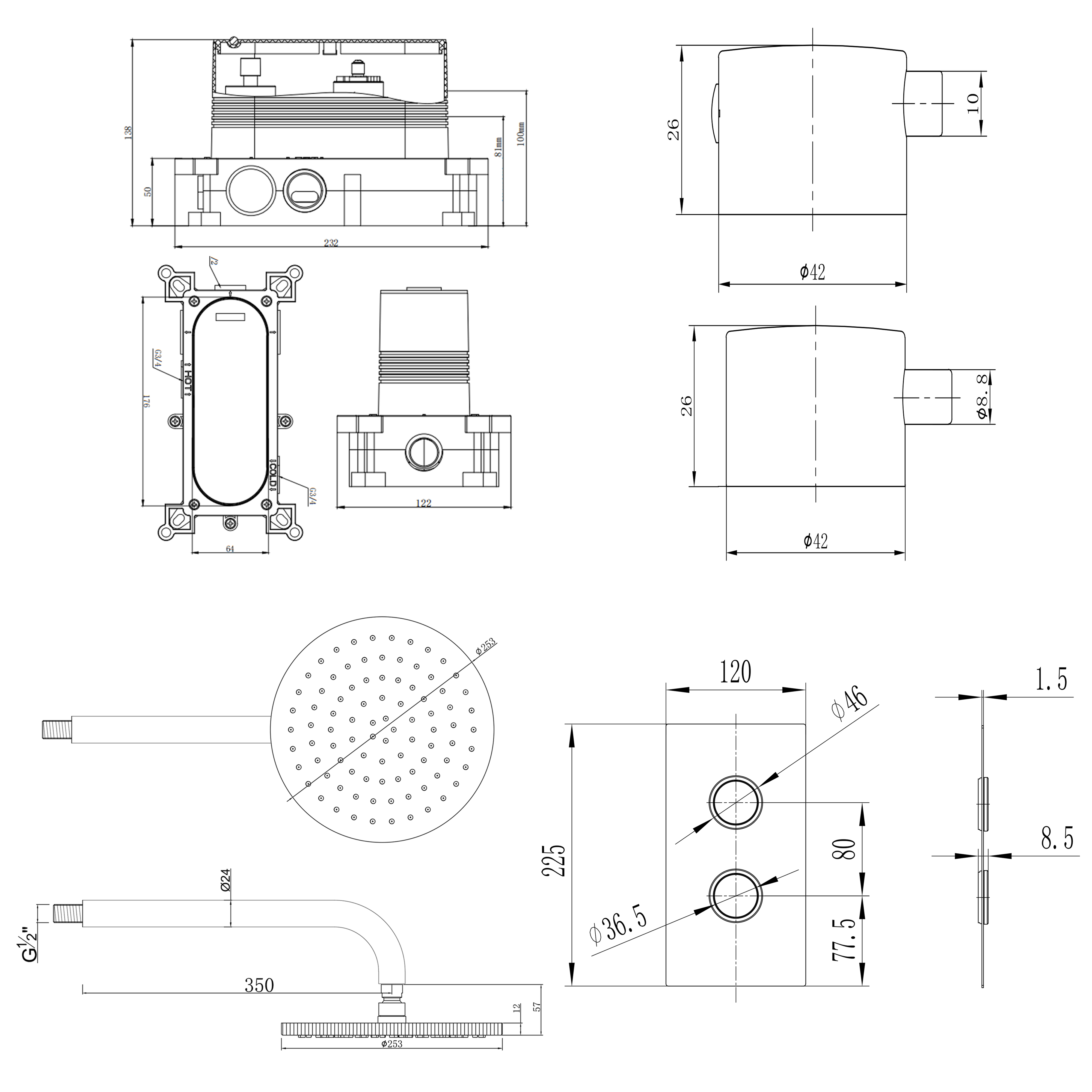 Core 1 Outlet Concealed Shower Valve & Wall Mounted Fixed Shower Head