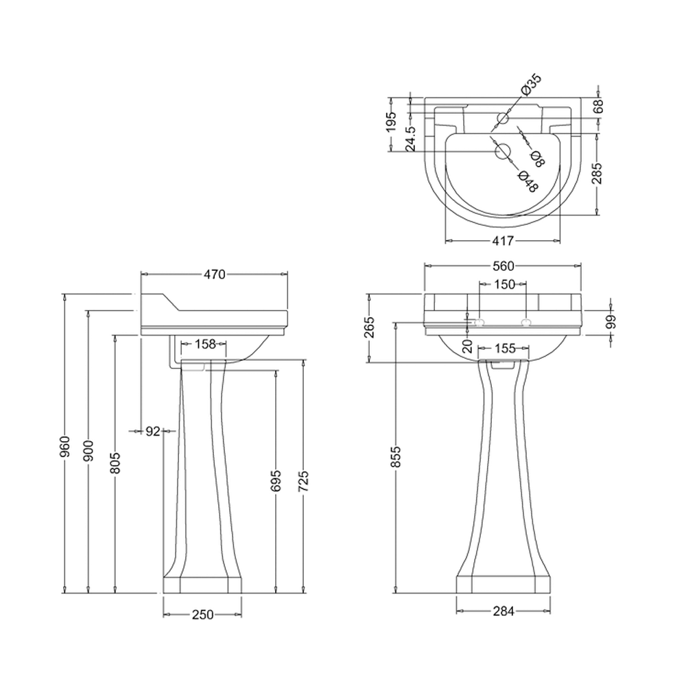 Burlington Edwardian 56cm Round Basin with Pedestal