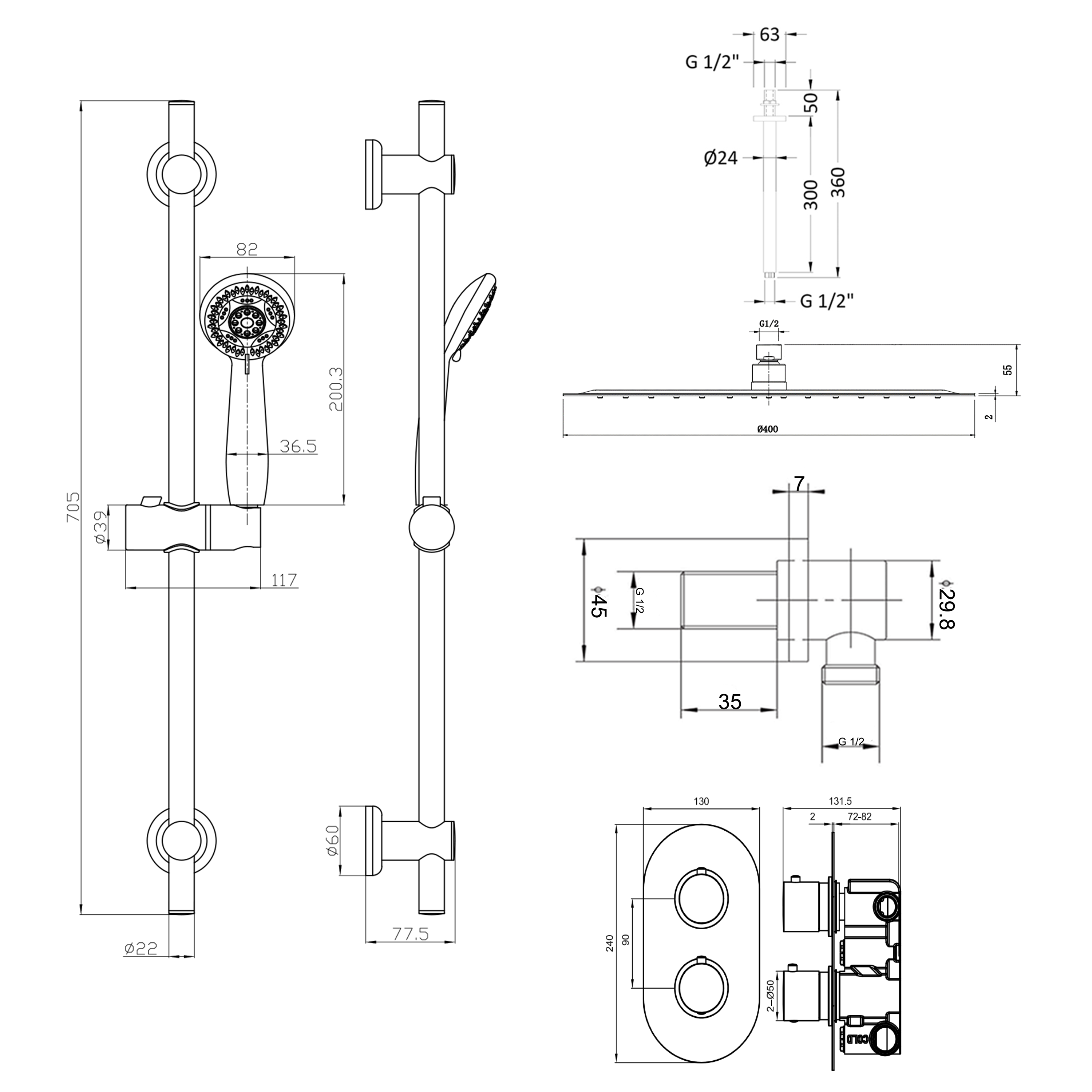 Orla Concealed Shower Valve, Fixed Head & Slide Rail Kit