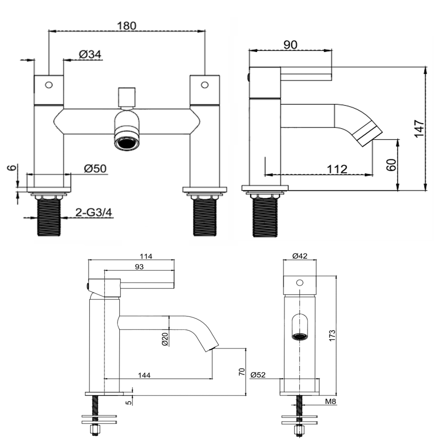 Harbour Clarity Matt Black Basin Mixer Tap and Deck Mounted Bath Mixer Tap
