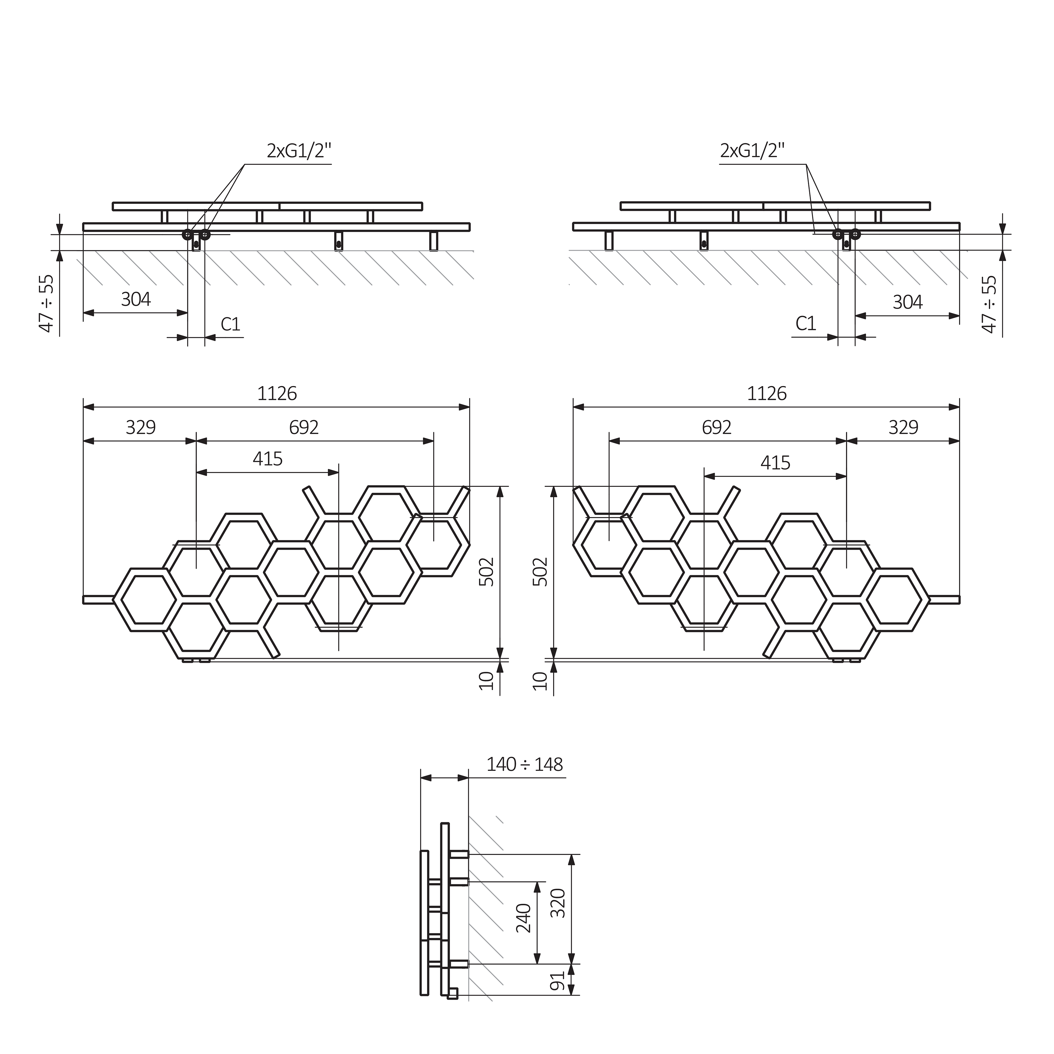 Terma Hex Steel Designer Horizontal Radiator - 502 x 1126mm