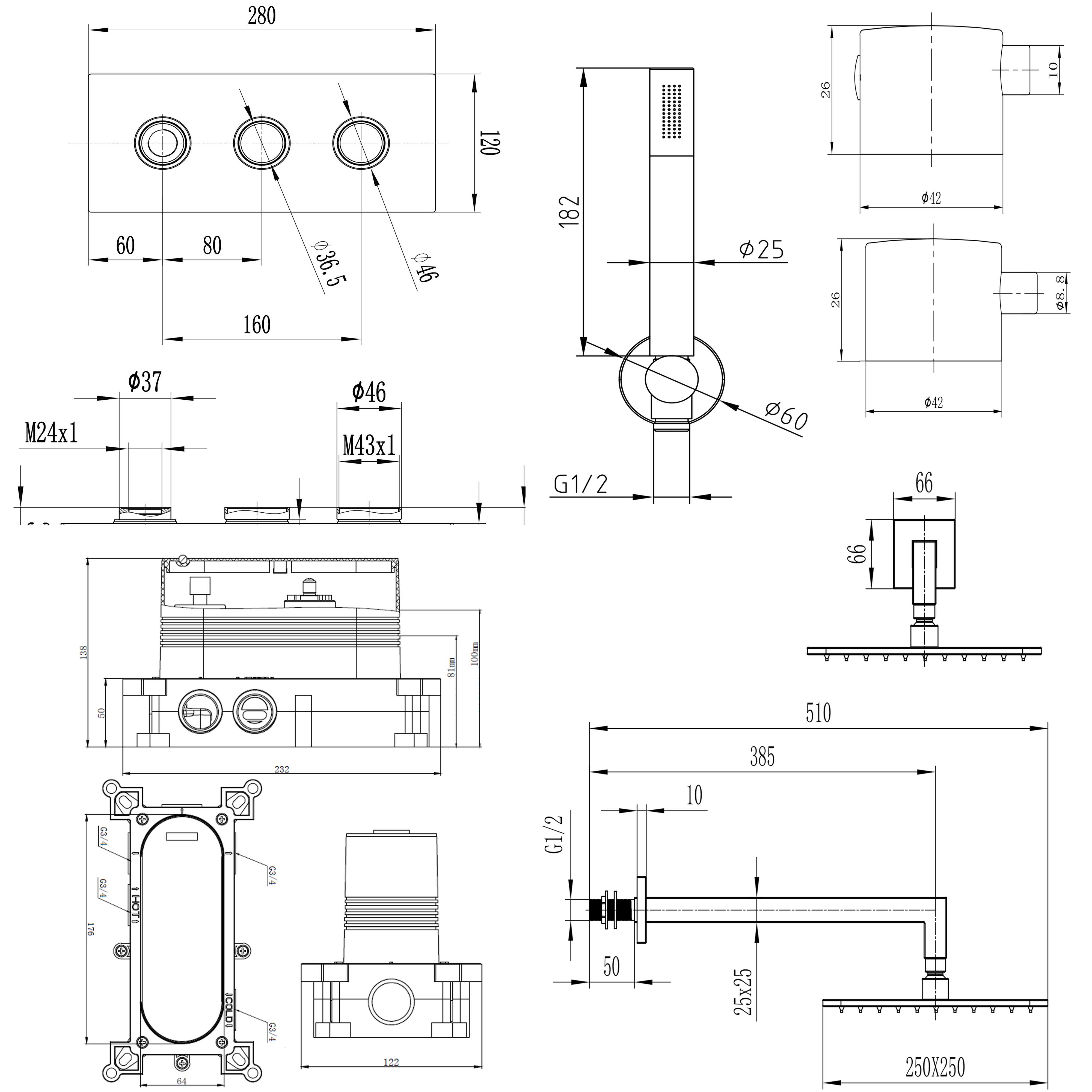 Core Shower Package with 2 Outlet Valve, Fixed Wall Mounted Square Shower Head & Shower Wall Kit