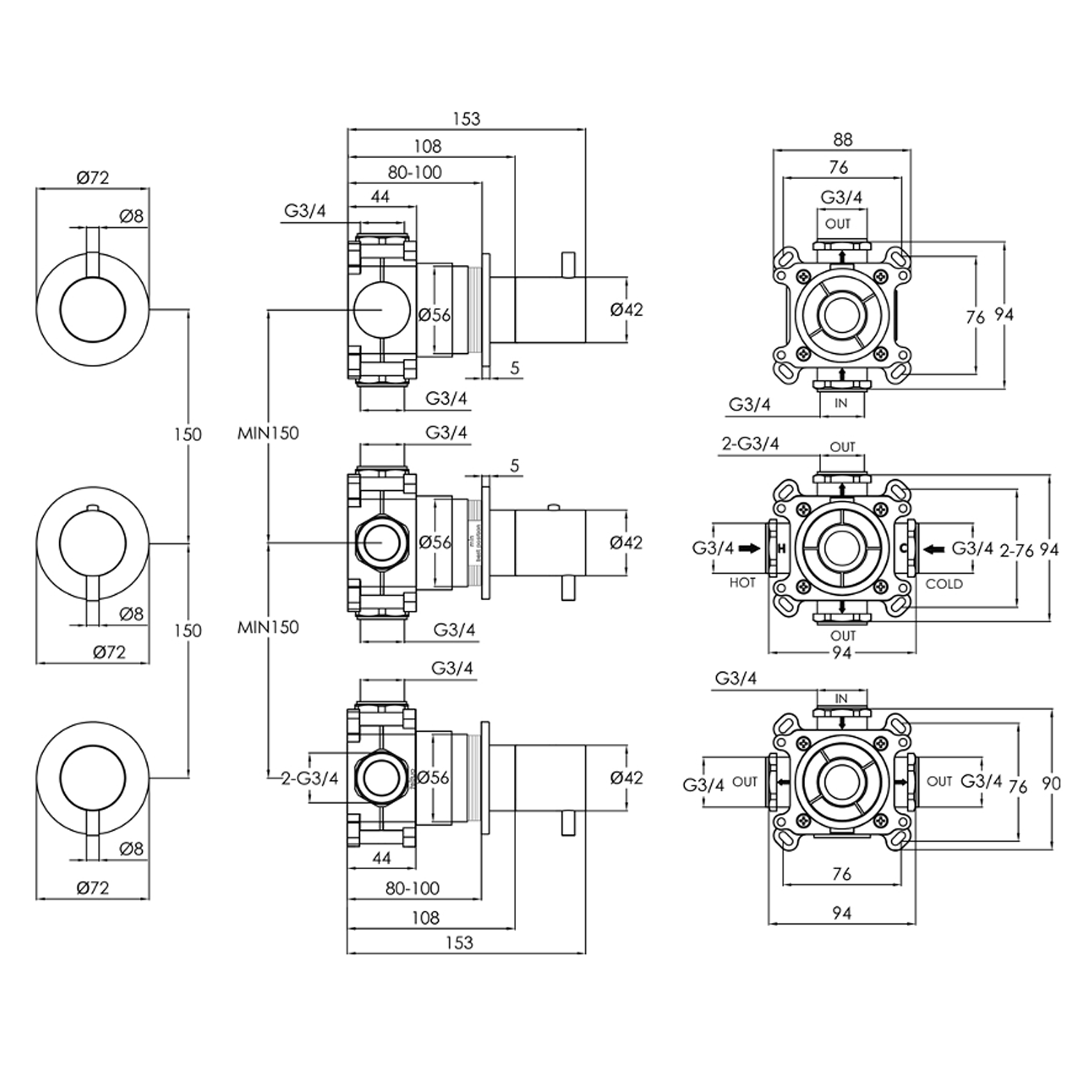 VOS Modular 3 Outlet Concealed Thermostatic Shower Valve - 3 Handles
